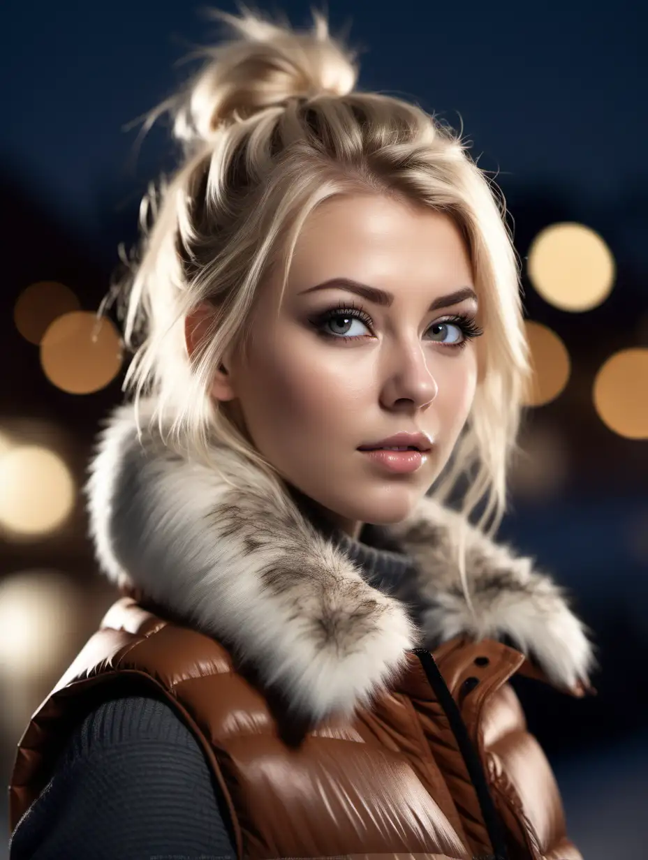 Beautiful Nordic woman, very attractive face, detailed eyes, big breasts, slim body, dark eye shadow, messy blonde hair half up half down, wearing a puffer vest with a furry collar, close up, bokeh background, soft light on face, rim lighting, facing away from camera, looking back over her shoulder, photorealistic, very high detail, extra wide photo, full body photo, aerial photo