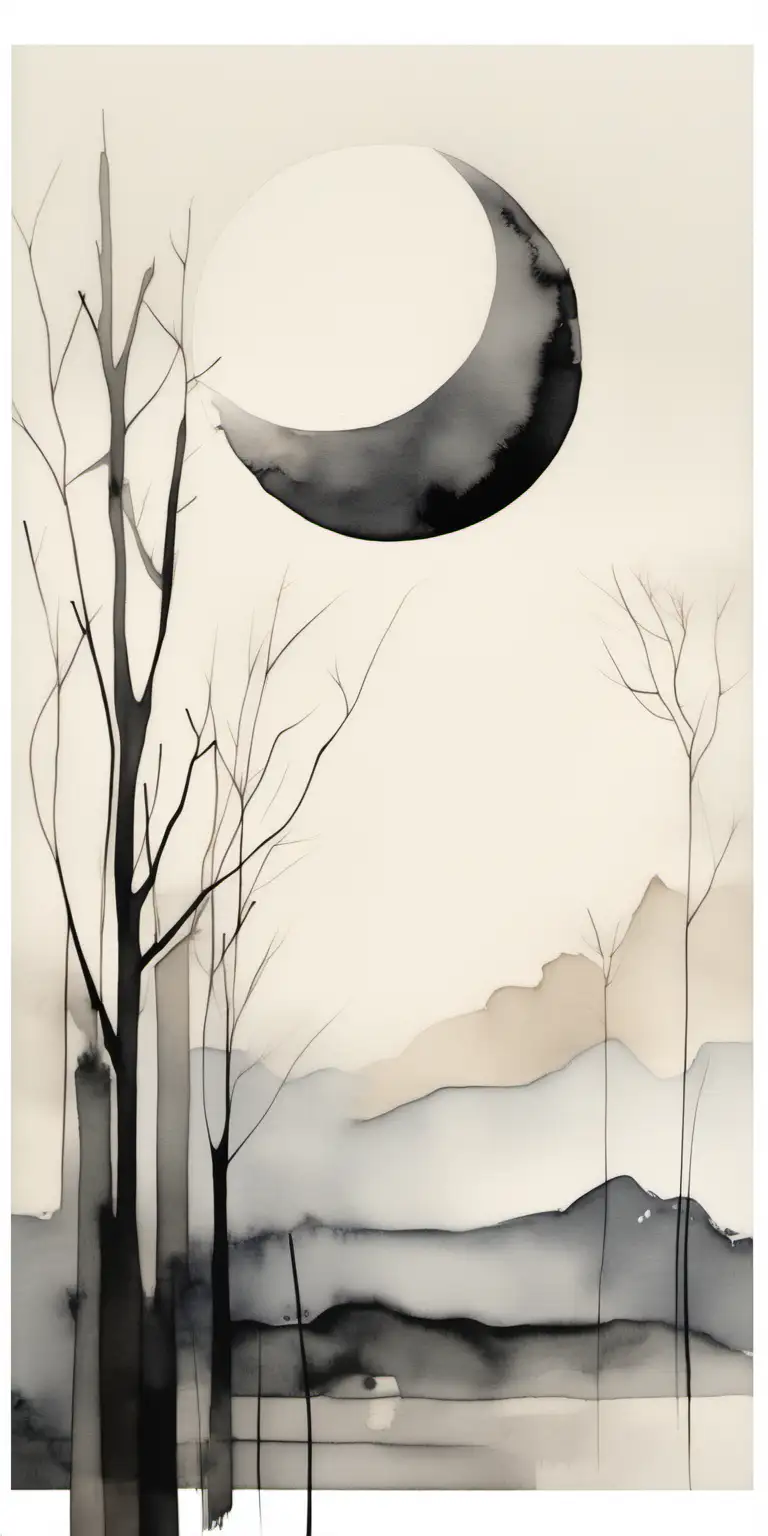 Minimalist Japandi art piece, embodying a harmonious blend of Japanese and Scandinavian aesthetics featuring the Moon. Visible brush strokes, neutral shapes on white background.
Emphasize thick, deliberate lines for a minimalistic and clean look. Incorporate muted tones in a watercolor style, with a composition of stripes and shapes. The artwork should demonstrate juxtaposed elements, showcasing a clever use of negative space to create balance and serenity. The overall feel should be calming and refined, capturing the essence of both Japanese simplicity and Scandinavian functionality in a gallery art setting