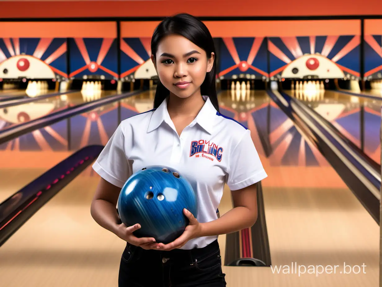 In the background are bowling alley lanes. In the foreground holding a bowling ball and wearing a team shirt is a fit young petite Filipino woman, realistic