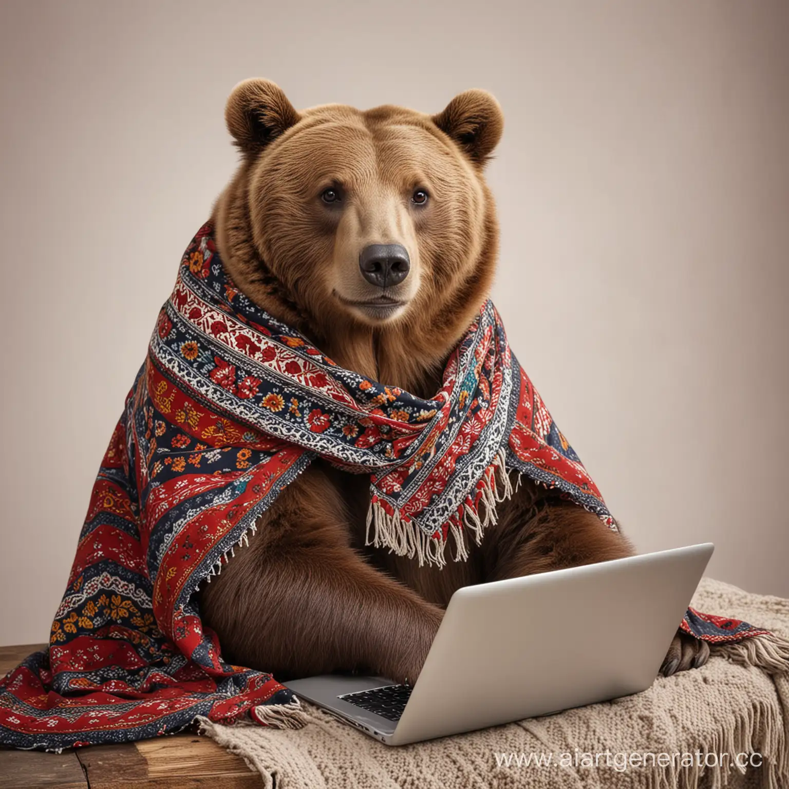 Cheerful-Brown-Bear-with-Patterned-Russian-Scarf-Using-MacBook-Laptop