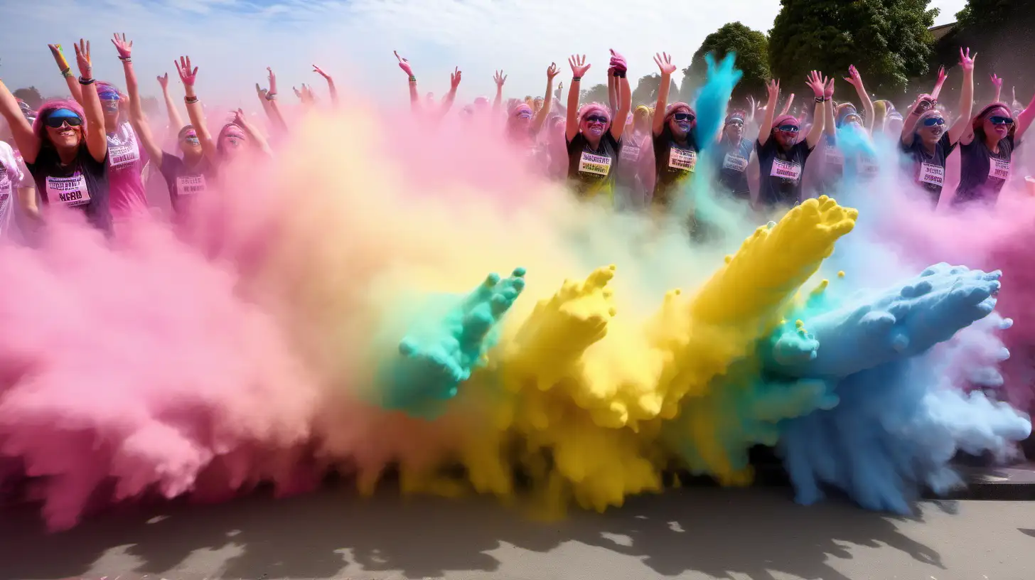 colour run rainbow powder in the air yellow blue green and pink