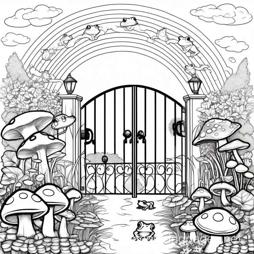 Enchanting-Garden-Gate-with-Frogs-and-Mushrooms-Coloring-Page