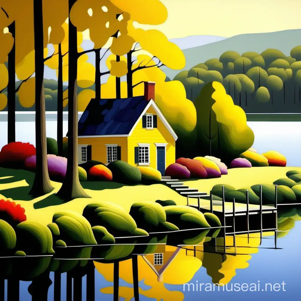 Tranquil Yellow Cottage by the Lake Serene Scene with Abundant Flora and Fauna