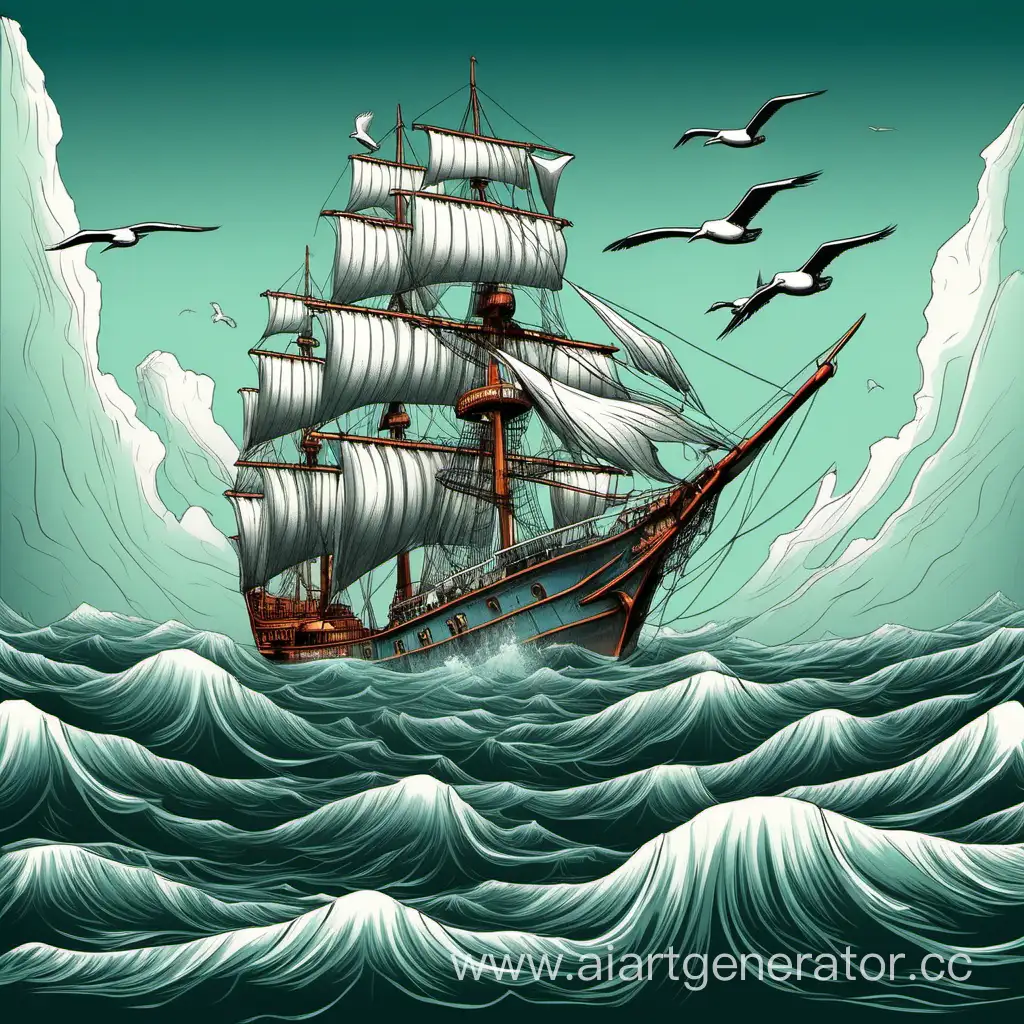 корабль в море над ним плавает альбатрос, отличное качество иллюстрация