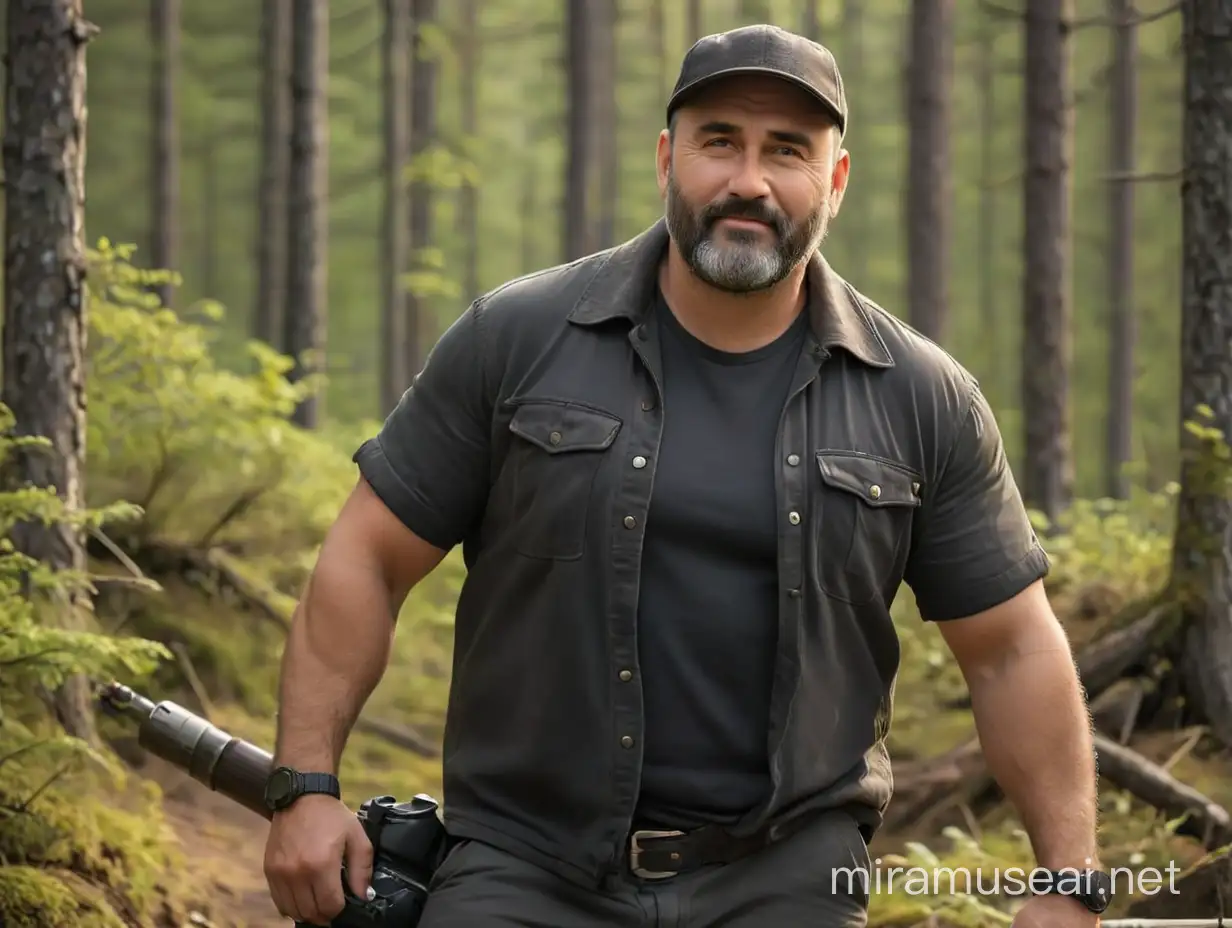 realistic photo of 44+ years old Eastern European, short, stocky daddy male trucker, very handsome and extremely attractive, friendly face, symmetrical handsome face, charismatic and charming,  balding, full body posing, lives in Finland, perfectly groomed gorgeous extremely thick gorgeous deep black voluminous full stubble, gorgeous dense thick black eyebrows,  realistic eyes, wearing stylish expensive camping clothes and gear, gorgeous shameless hard giant bulge, camping somewhere Finnish wilderness, make more photo realistic, bright natural light, perfect exposure, 8K professional Nikon camera, a very hot summer day, masterpiece, best professional photo, insane details, realistic body part proportions, relaxed photo session, hard very physical work, charming grin, satisfied with his life,  womanizer, strong as a bear, very stylish and neat appearance, happy, relaxed, satisfied, photogenic, expensive stylish SUV, tattooed chests, extremely hairy, hunting trip, the real Adonis, shirtless, very flirtatious, wants a quickie