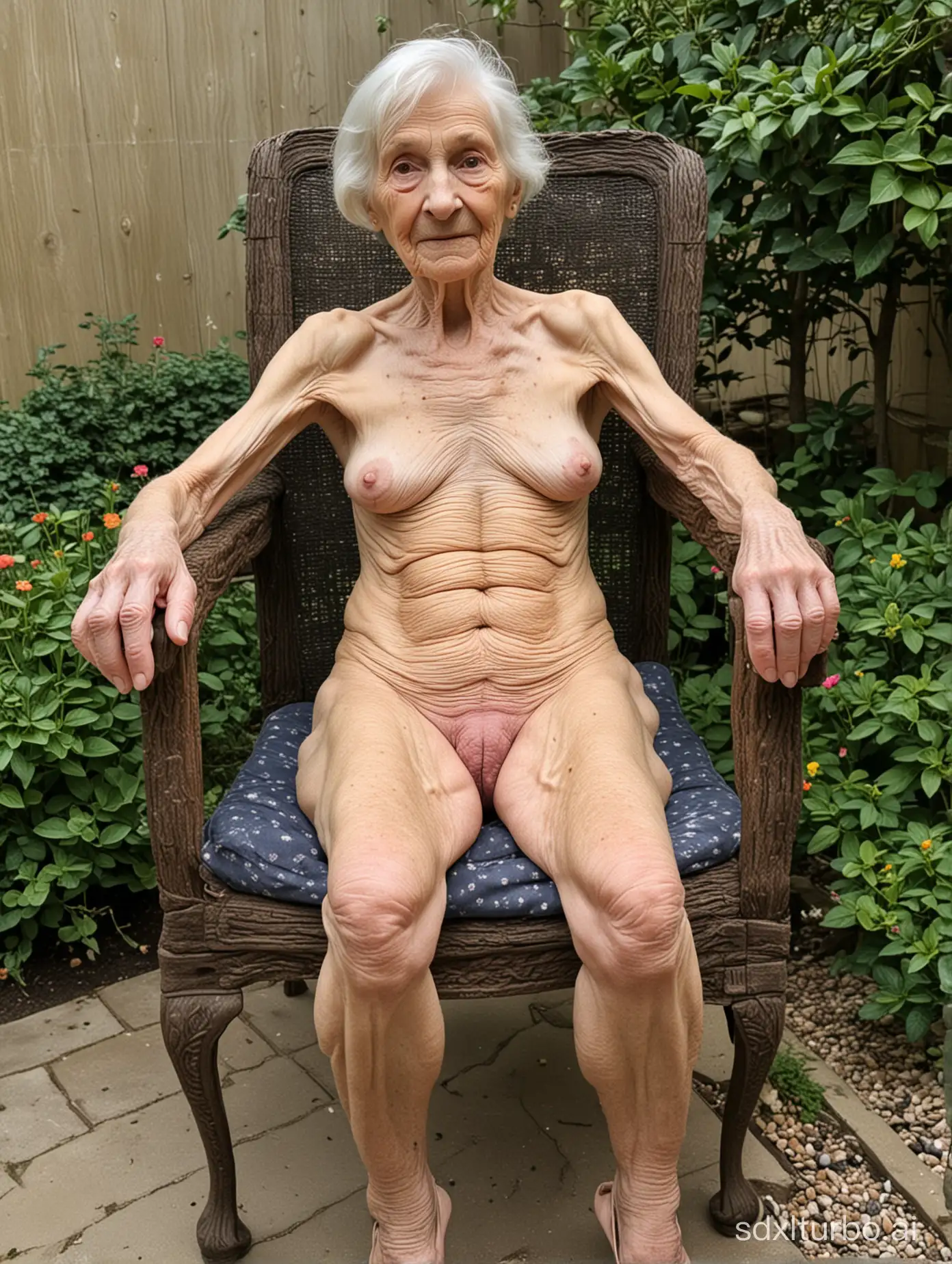 anorexic 130-year-old wrinkled-body granny on a chair  in the garden in 
 with open crotch