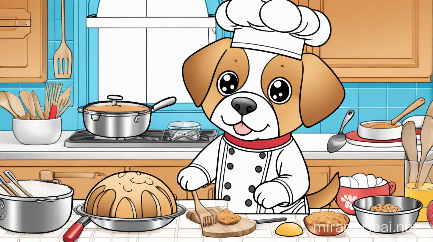 /imagine
a cute dog chef, feature the cute dog exploring the world of cooking and baking, with pages dedicated to coloring kitchen scenes and delicious treats - for coloring book with crisp lines and white background –ar 17:22