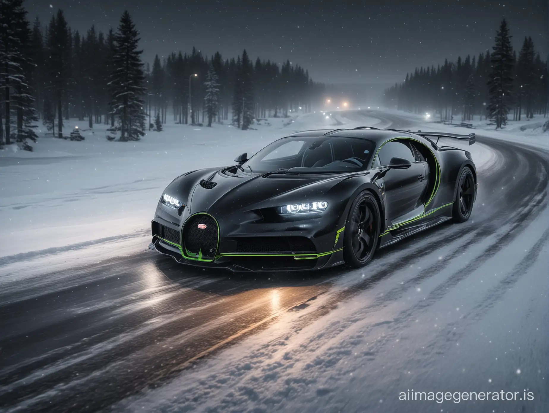CREATE A SPORT CONCEPT TUNED from Bugatti Chiron and Koenigsegg Jesko DRIVING AT NIGHT DRIFTING DARK COLORS THE ROAD BLACK CARBON THE CAR COLOR darker make to snow