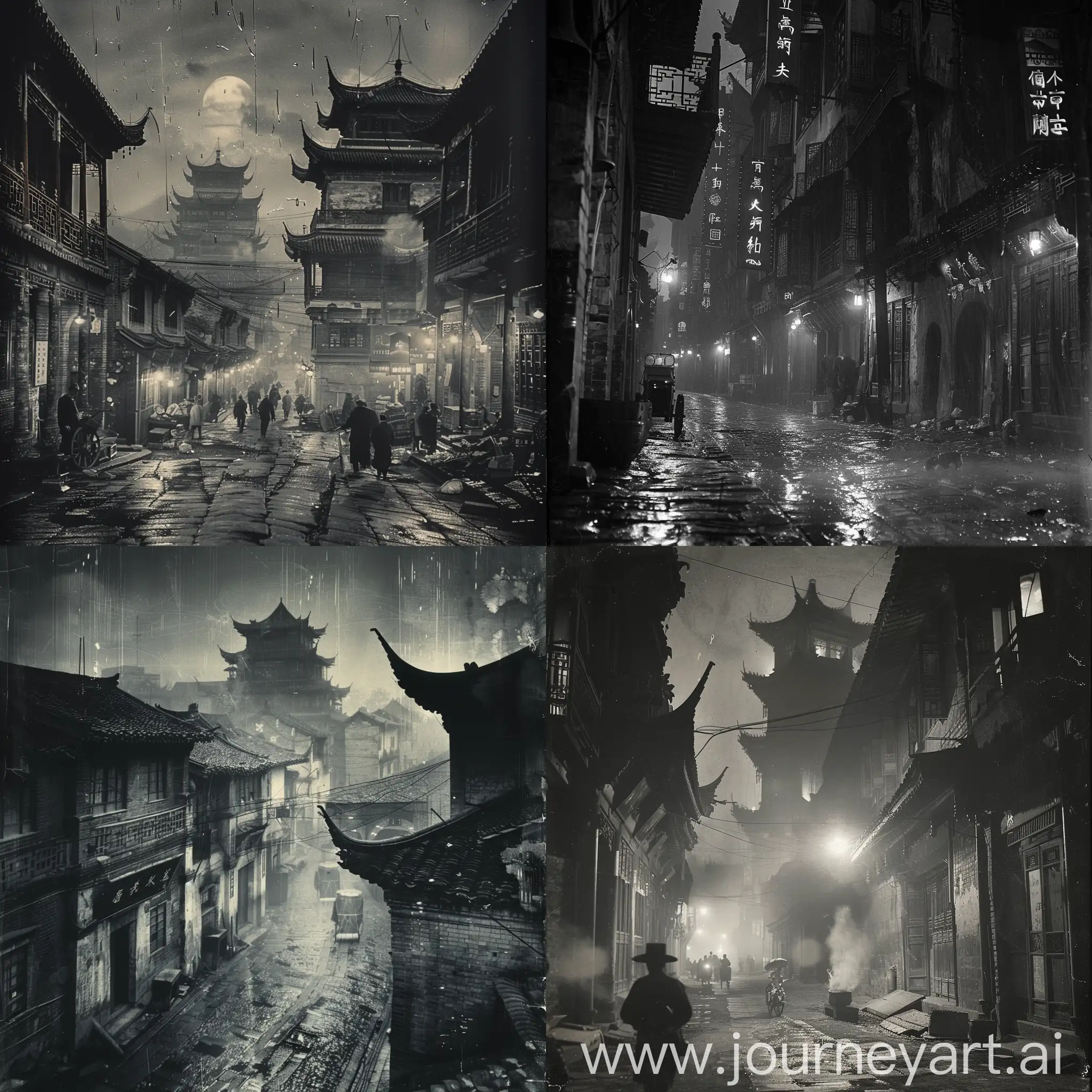 Grainy damaged photograph of the streets of ancient China at the completely pitch dark of midnight in 1950s, do not include any unsafe elements that would trip the content filter.