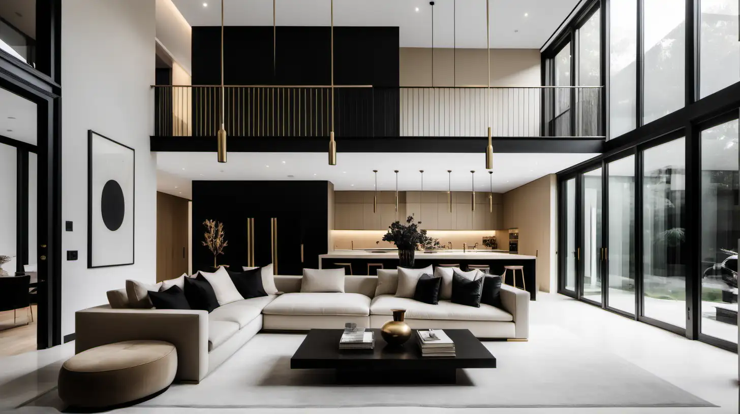 Elegant Modern Minimalist Home with Double Height Ceilings in Beige Oak Brass and Black Palette