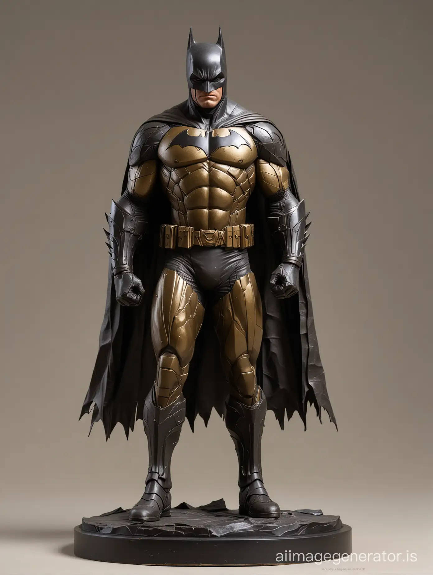  image of minimalist style batman sculpture, showing the dynamic posture of the character, designed by a famous sculptor, using brass, bronze and other metal materials, needs a retro feel, showing the brushstrokes of a carving knife, modern minimalist style, combining abstraction and realism, the ultimate detailed design, award-winning work, showing excellent texture and details, setting is a museum exhibit.
