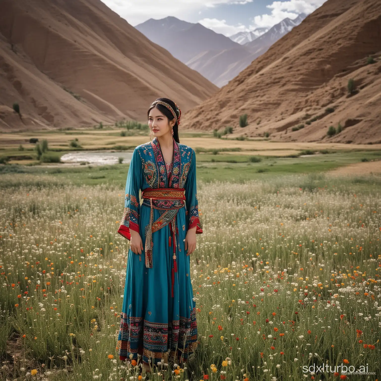 Traditional-Xinjiang-Woman-in-Colorful-Attire-Amidst-Blossoming-Desert-Landscape