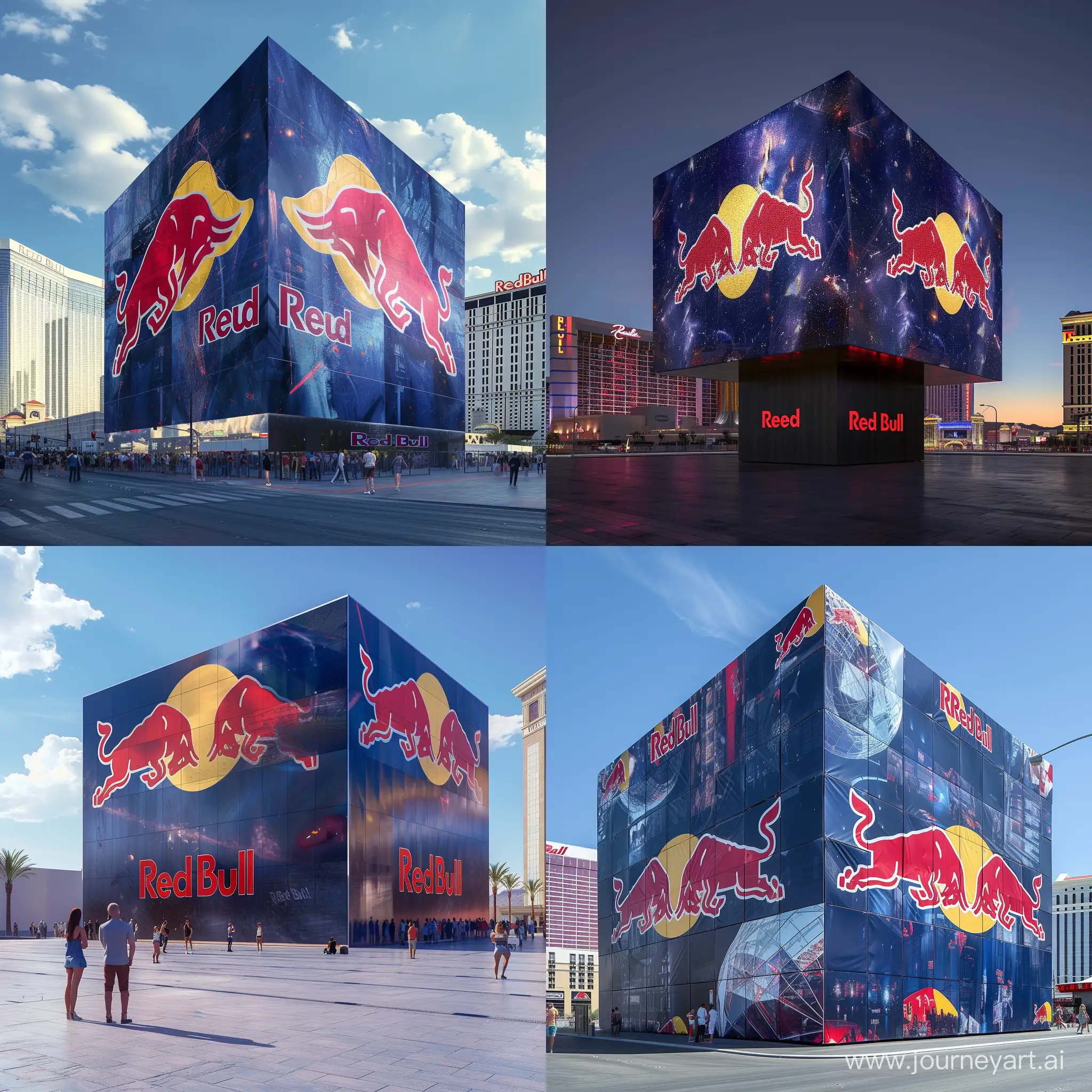 Imagine the Las Vegas Sphere, but owned by Red Bull. How it would look like? It doesn't have to be a Sphere, make it square-shaped.
Please have a realistic approach, make it it look like a photograph. Red Bull visuals have to cover the whole square, not only the logo in a corner. The walls need to be able to be dismounted, transported somewhere else, and built the building again.
Please deliver a picture with big resolution, and make sure the branding is correct. Make sure "Red Bull" is well written, and the logo is right. 

