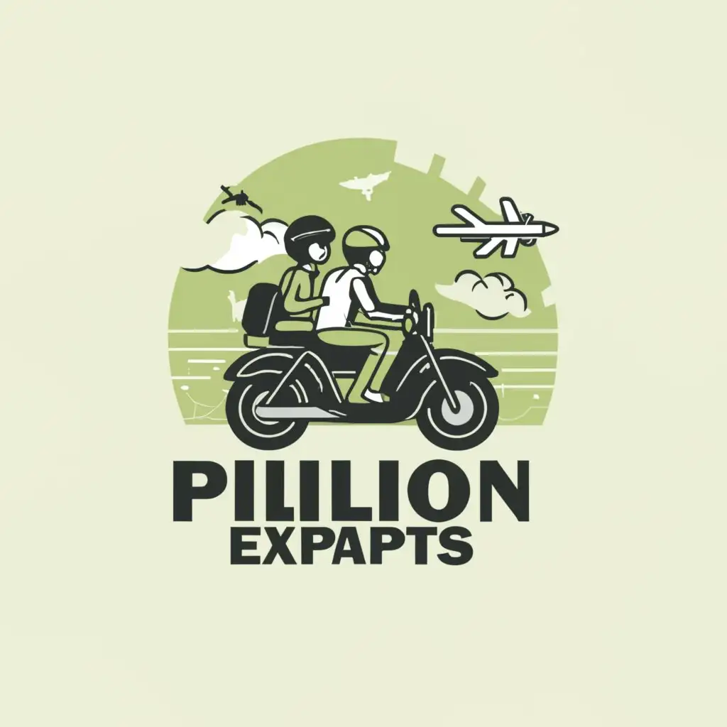 a logo design,with the text "Pillion Expats", main symbol:two people, one motorbike on hilly road, pillion holds laptop. Background: suitcase, plane flying over globe. Colour - green,Minimalistic,be used in Events industry,clear background