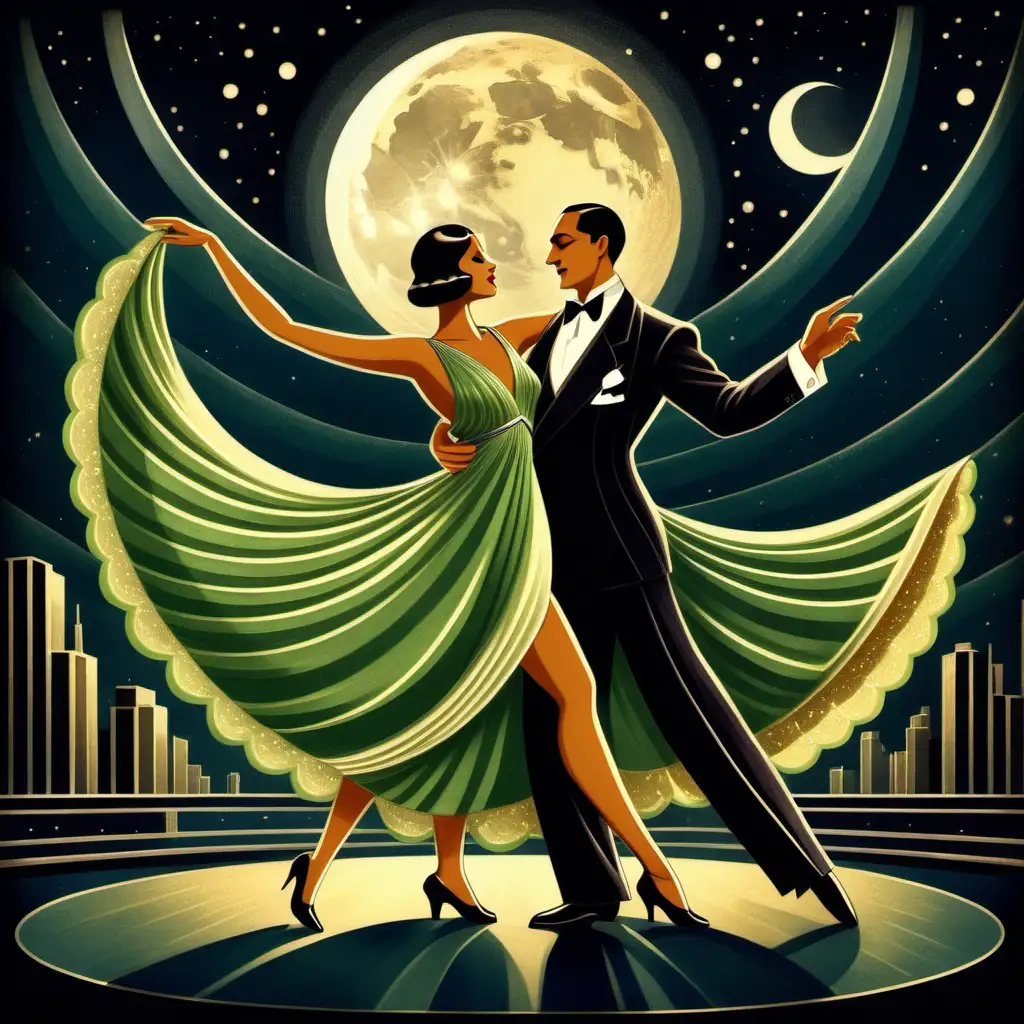 Two avocados dressed in evening wear dancing the tango in moonlight. Art deco.