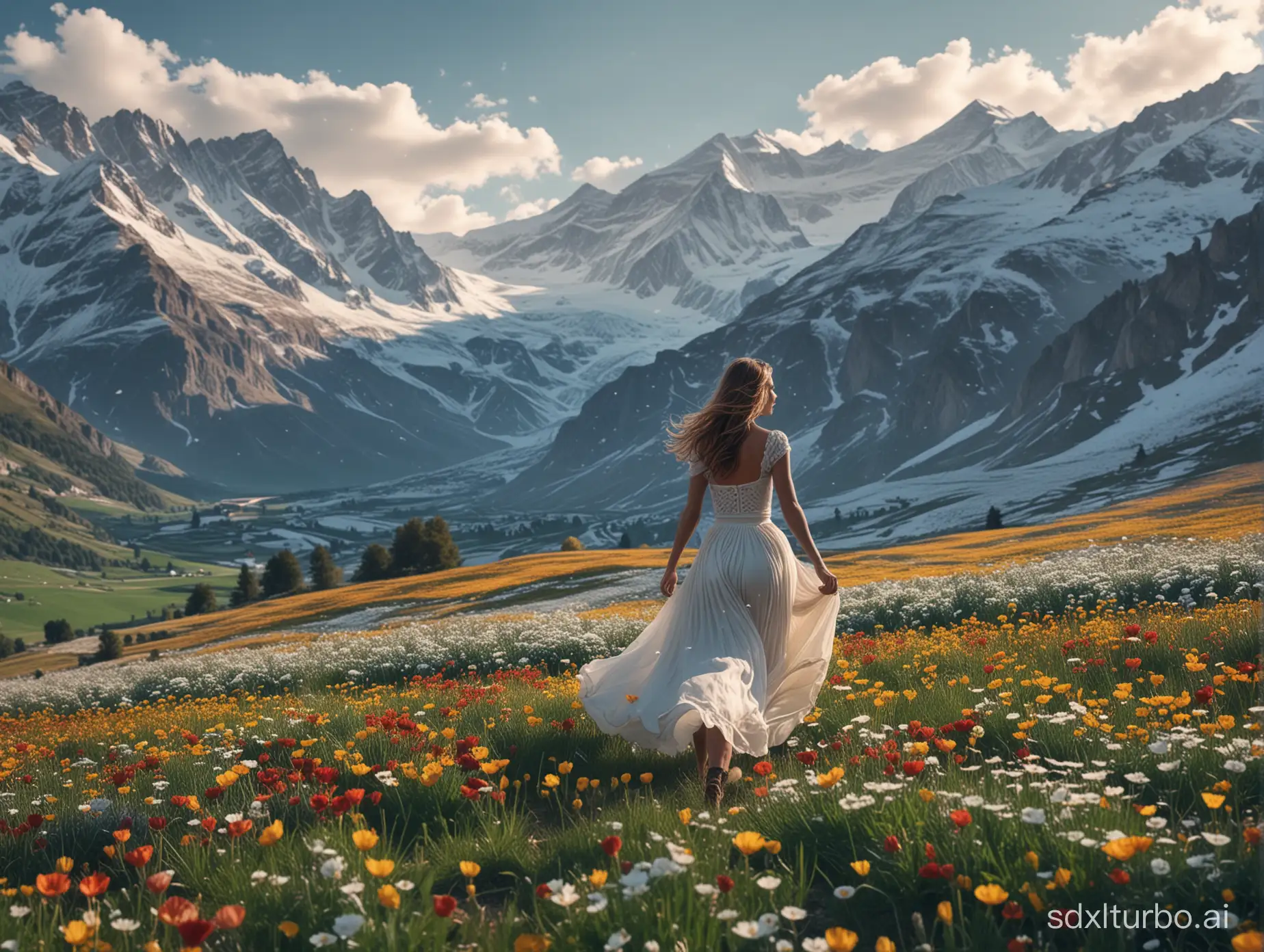 Under the majestic snow-capped mountains, amidst endless fields of flowers, a beautiful girl in a long skirt runs into the distance, captured by a telephoto lens, in 8K wallpaper quality, the picture full of detail, an unparalleled beauty.