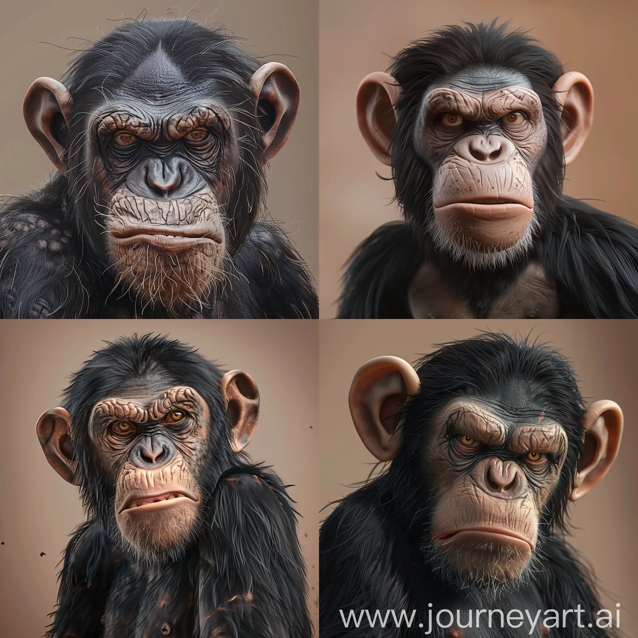 Realistic 3D drawing type image where a chimpanzee monkey is seen, the expression of its angry face, in the image stands the mouth forward with gesture twisted to one side, with long and pointed black hair and disheveled on the head of the head, the eyebrows are prominent, the ears are very large,  , with large brown eyes the background of the image which is a light brown color ...