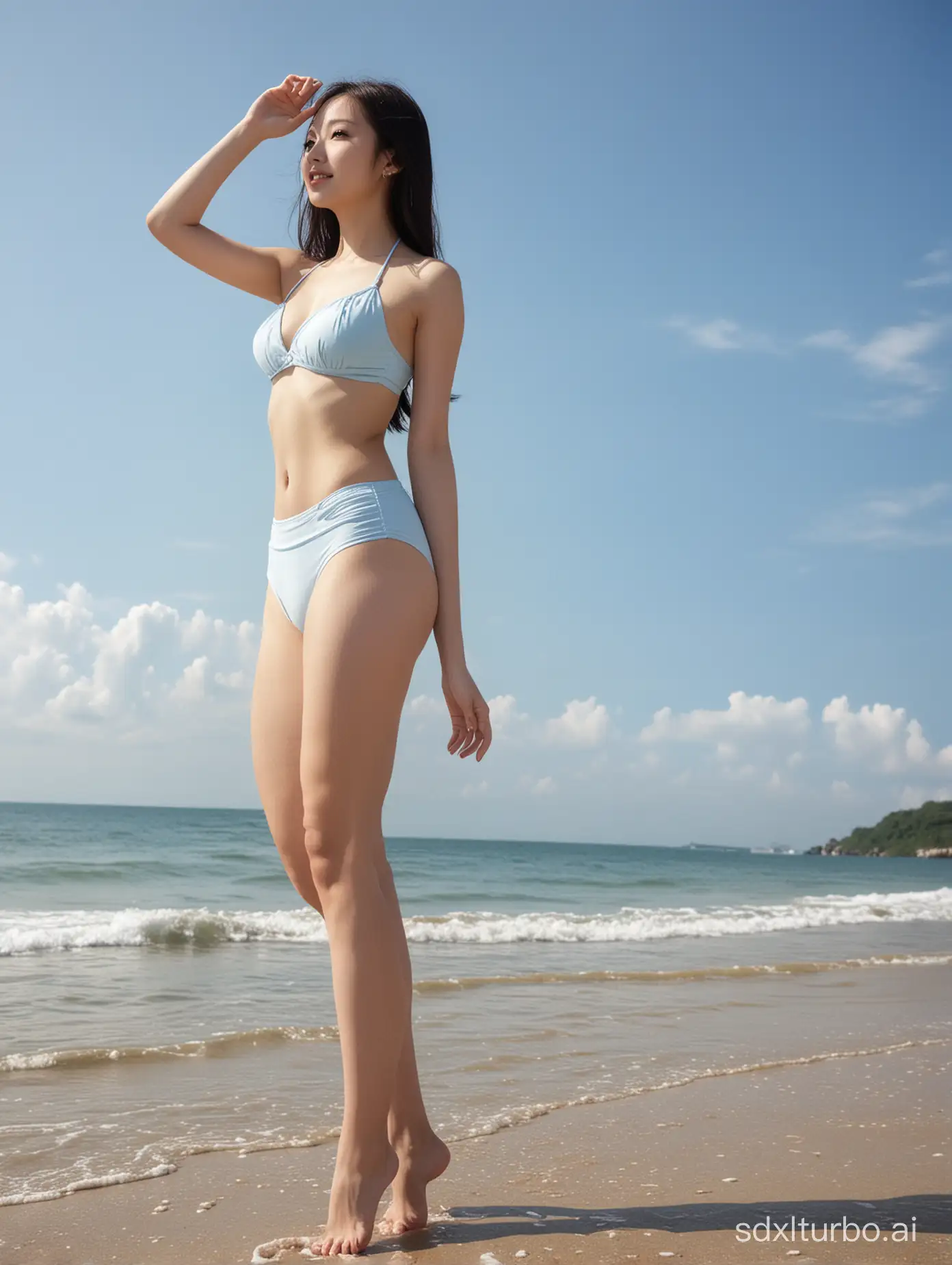 At the age of 18, Yi Nengjing, bikini, can be seen from head to toe, seaside, sunshine, blue sky, white clouds, one-legged stance