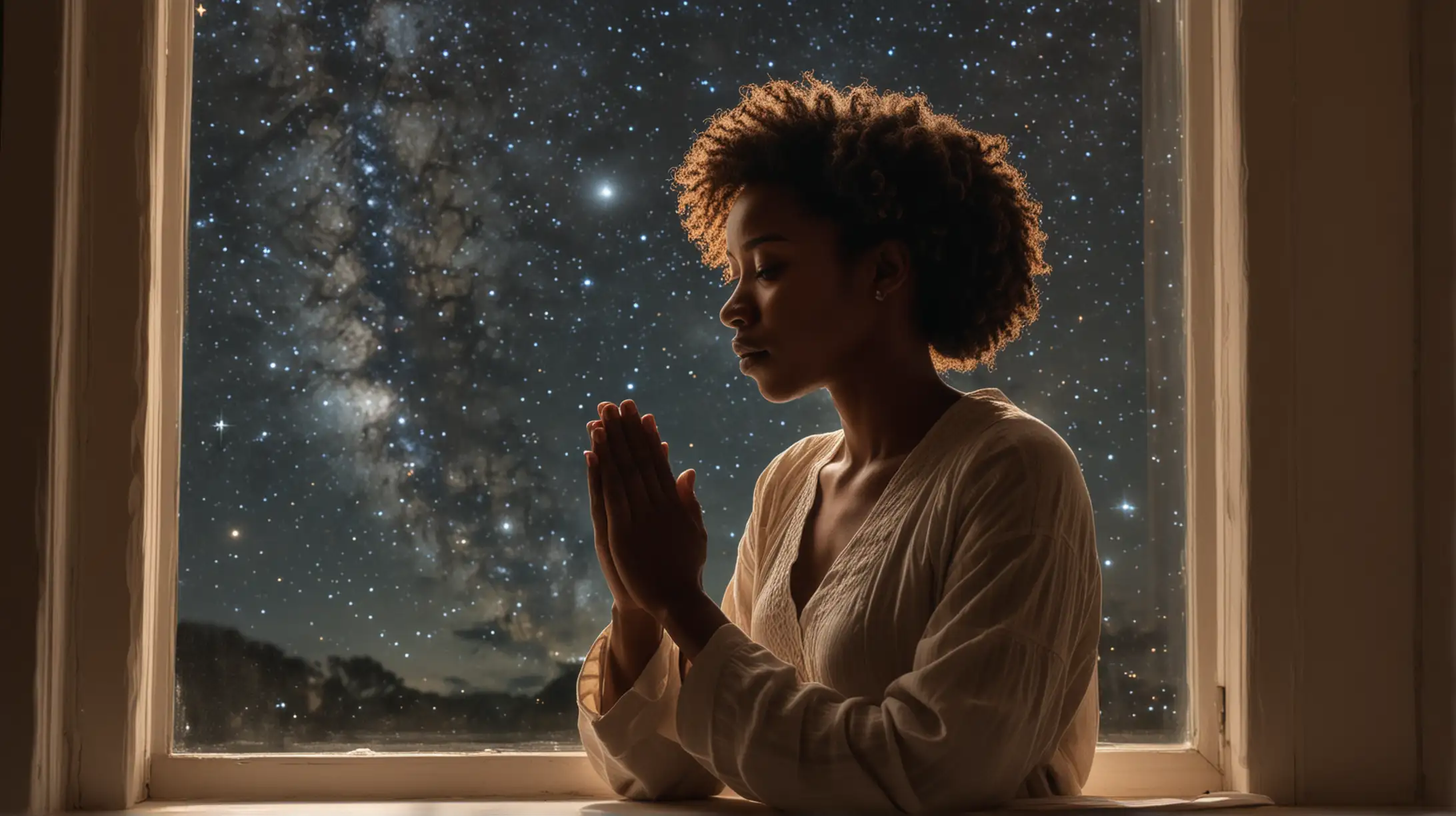 An African American women kneeling in prayer by a window: Capture the moment described in the story where the protagonist bows their head in prayer, looking out at the stars through a window. The image should convey a sense of serenity and contemplation.