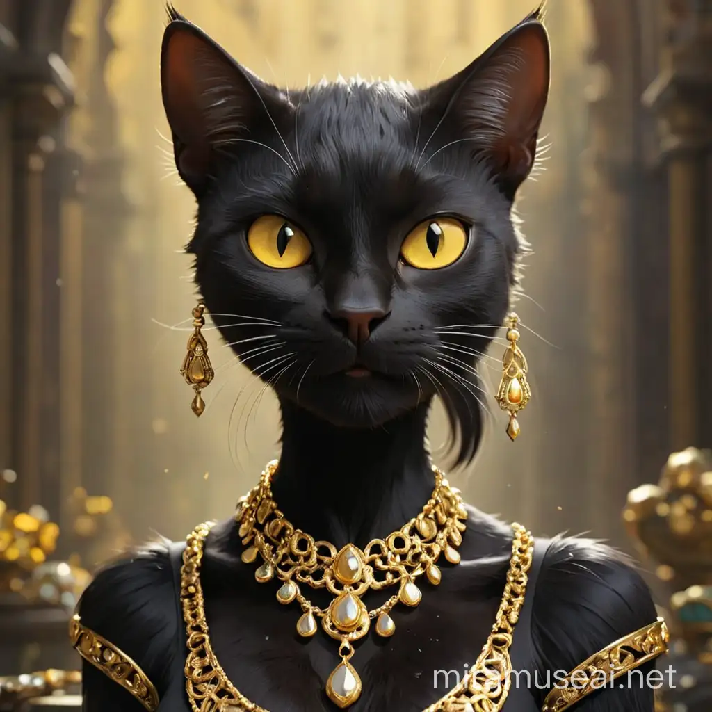 anthropomorphic female black cat wearing gold jewelry