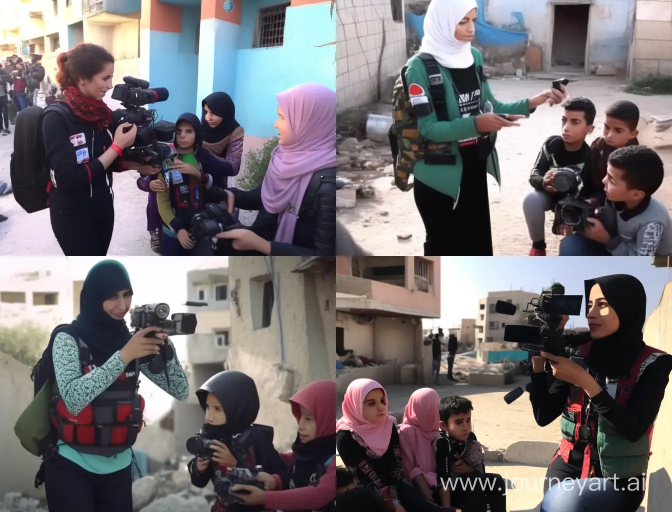 Una chica musulmana reportera de 33 años, ayudando a los niños palestinos en Gaza con preocupación de bombardeos, 