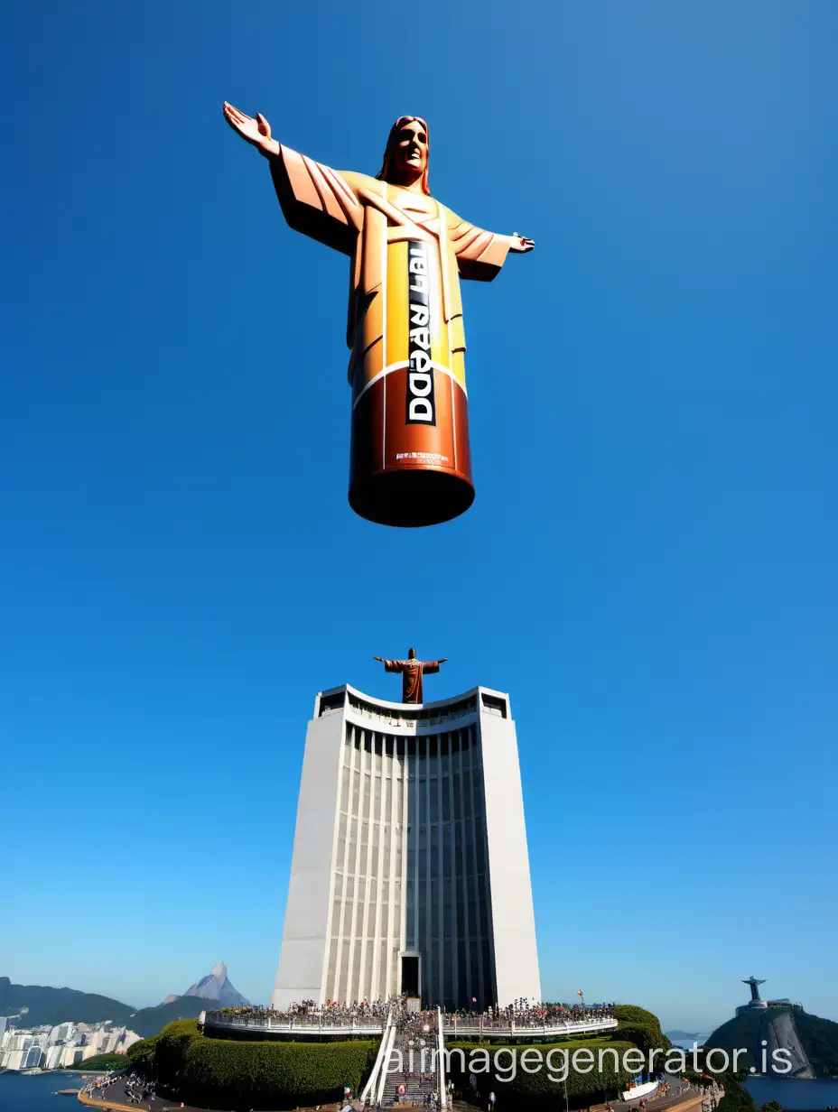 Create an image of a giant Duracell power battery placed next to the statue of Christ the Redeemer in Rio de Janeiro, under a clear blue sky