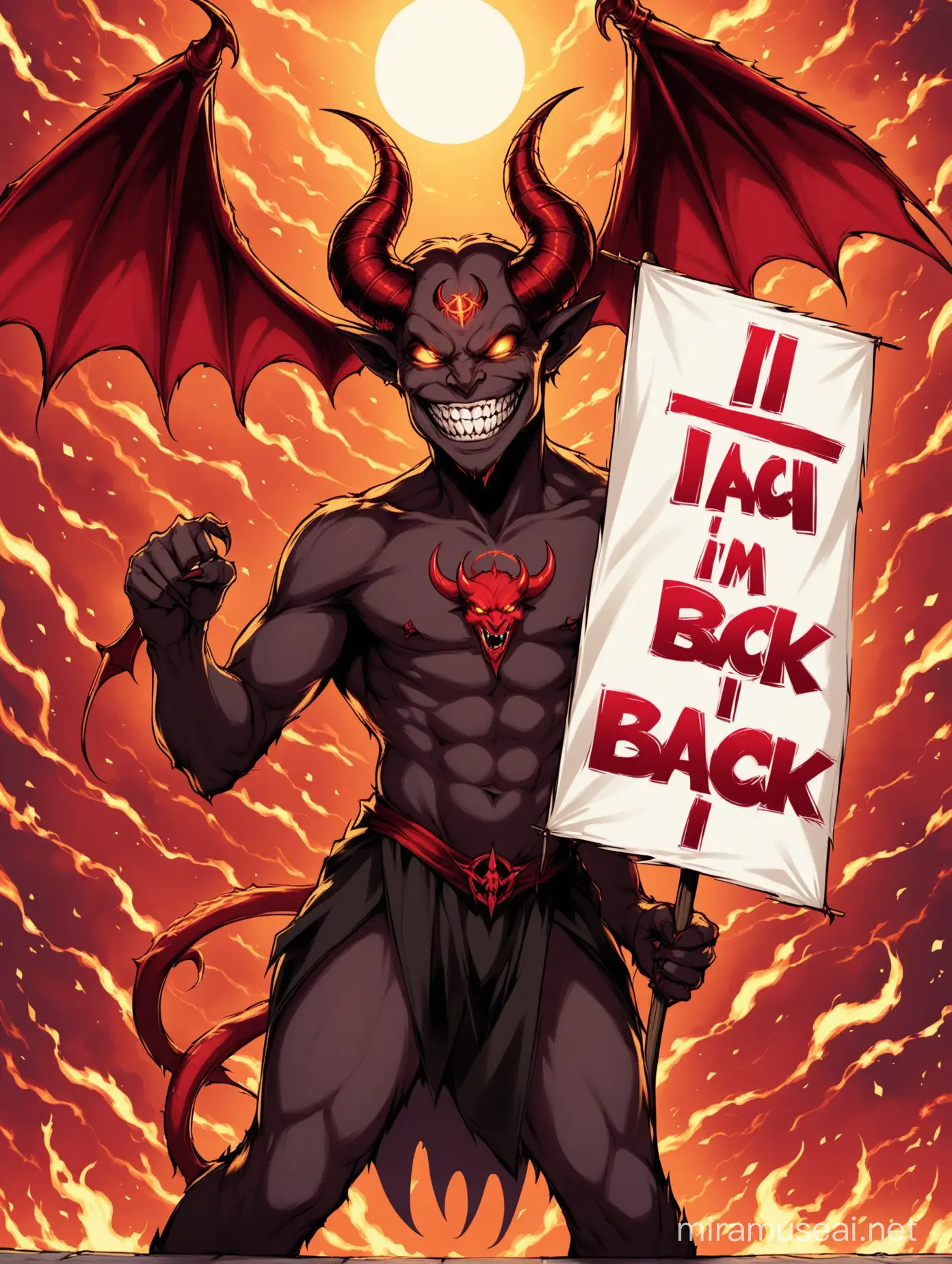Satan smiling holding banner "I'm back" 