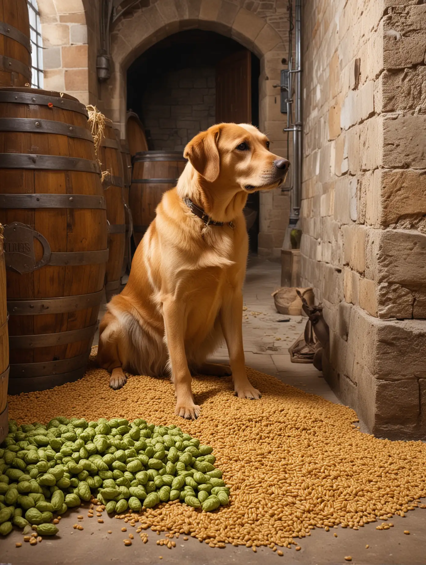 yellow dog inside a medieval brewery with hops and barley
