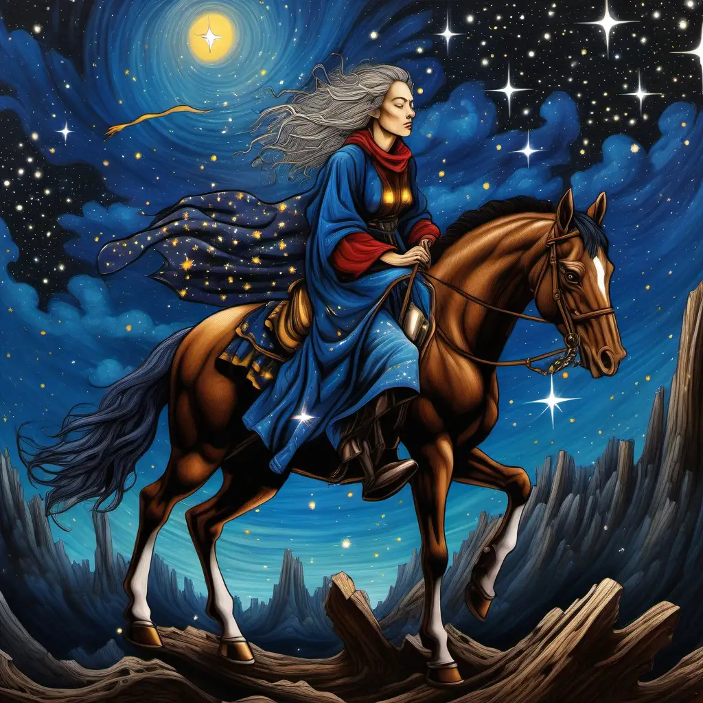 A close up of a female philosopher on horseback, she is oozing of wiz, spirits and sobriety but above all goodness and will to make good, vivid colors, raw, epic, in the background is a beautiful wood , sky is dark blue with stars , details 
