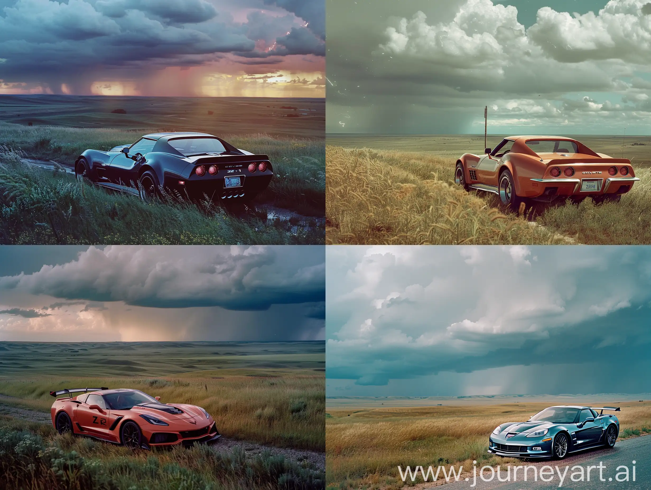 Photo of a chevrolet corvette zr1 at a thunderstorm rolling in over a prairie landscape. Taken by rosângela rennó (conceptual photographer) using a sony alpha a6000 camera with a lomography xprochrome film and a olympus m.zuiko digital ed 25mm lens.