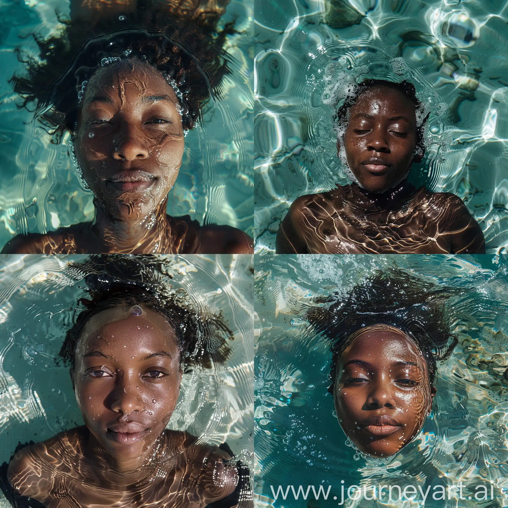 Aerial up close portrait of an African woman floating on water, clear ocean water on a sunny day. There’s water on her face.