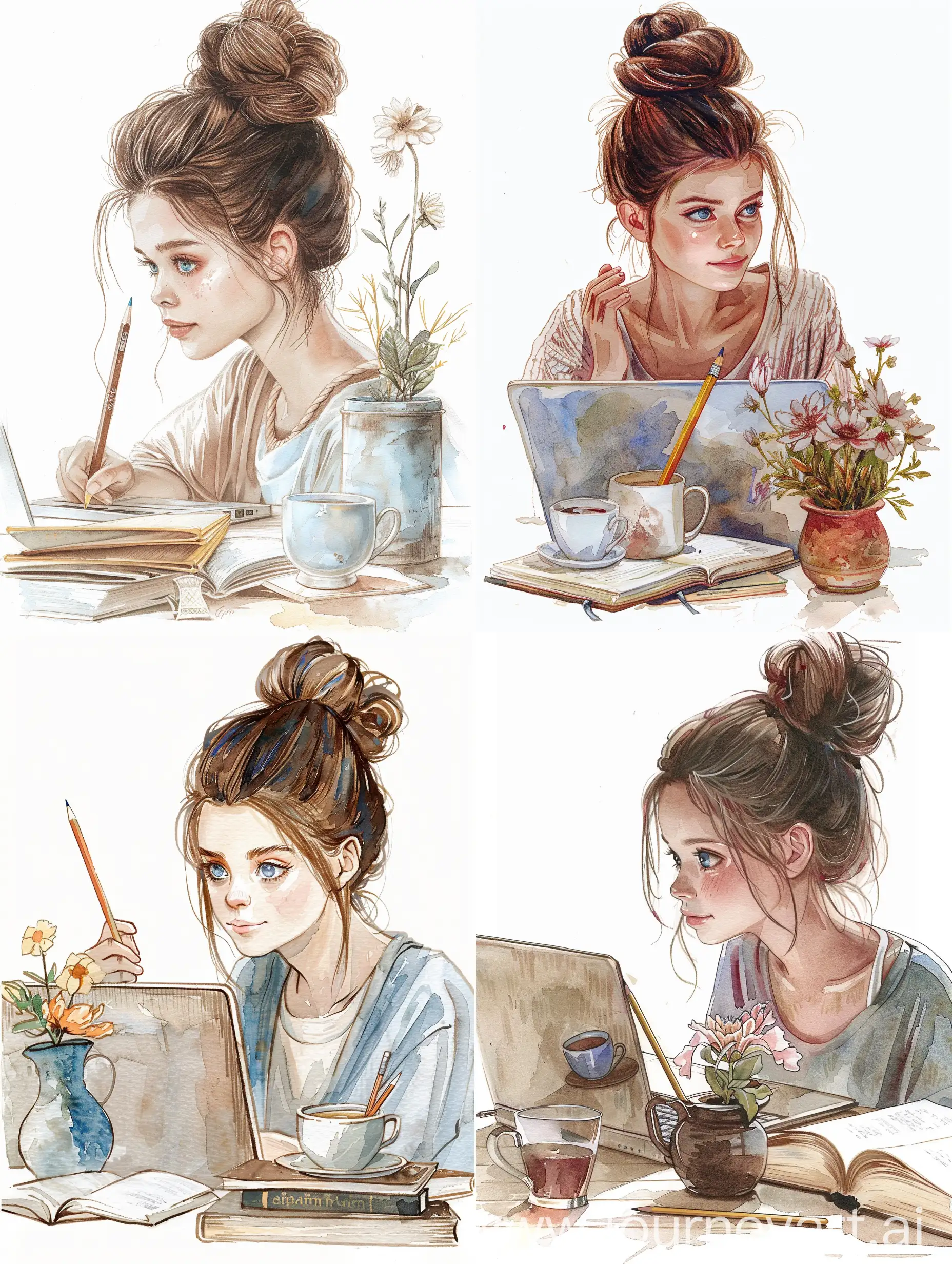 Young-Woman-Working-on-Laptop-with-Tea-and-Flowerpot