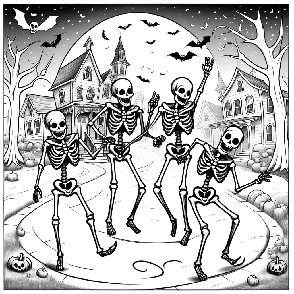 simple black and white picture of  halloween town with dancing skeletons, for coloring