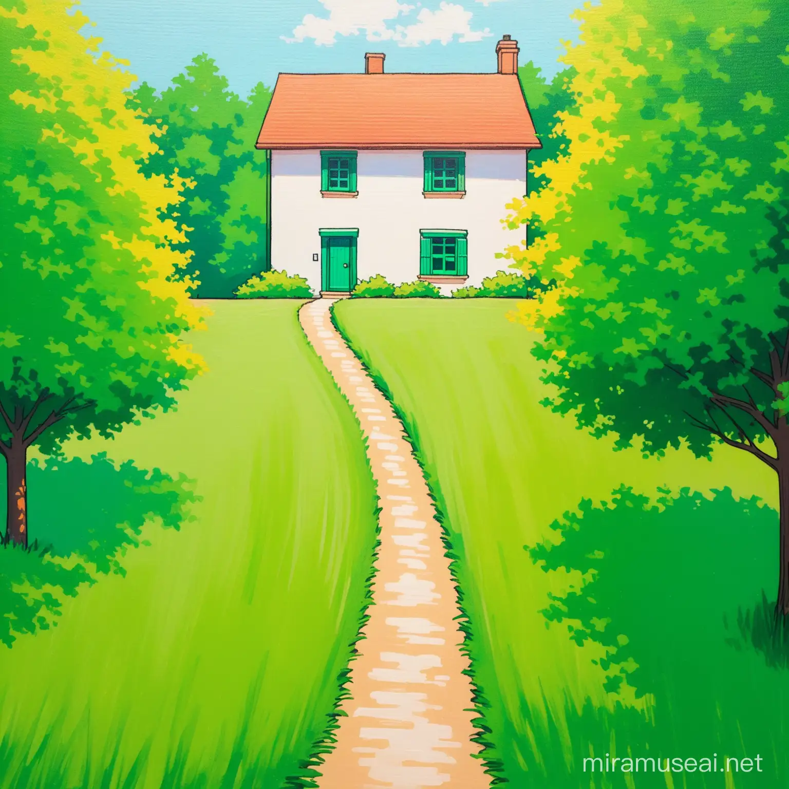 Close up zoom, drawing of aesthetic green home wall, simple, Painting. Landscape. Best quality.