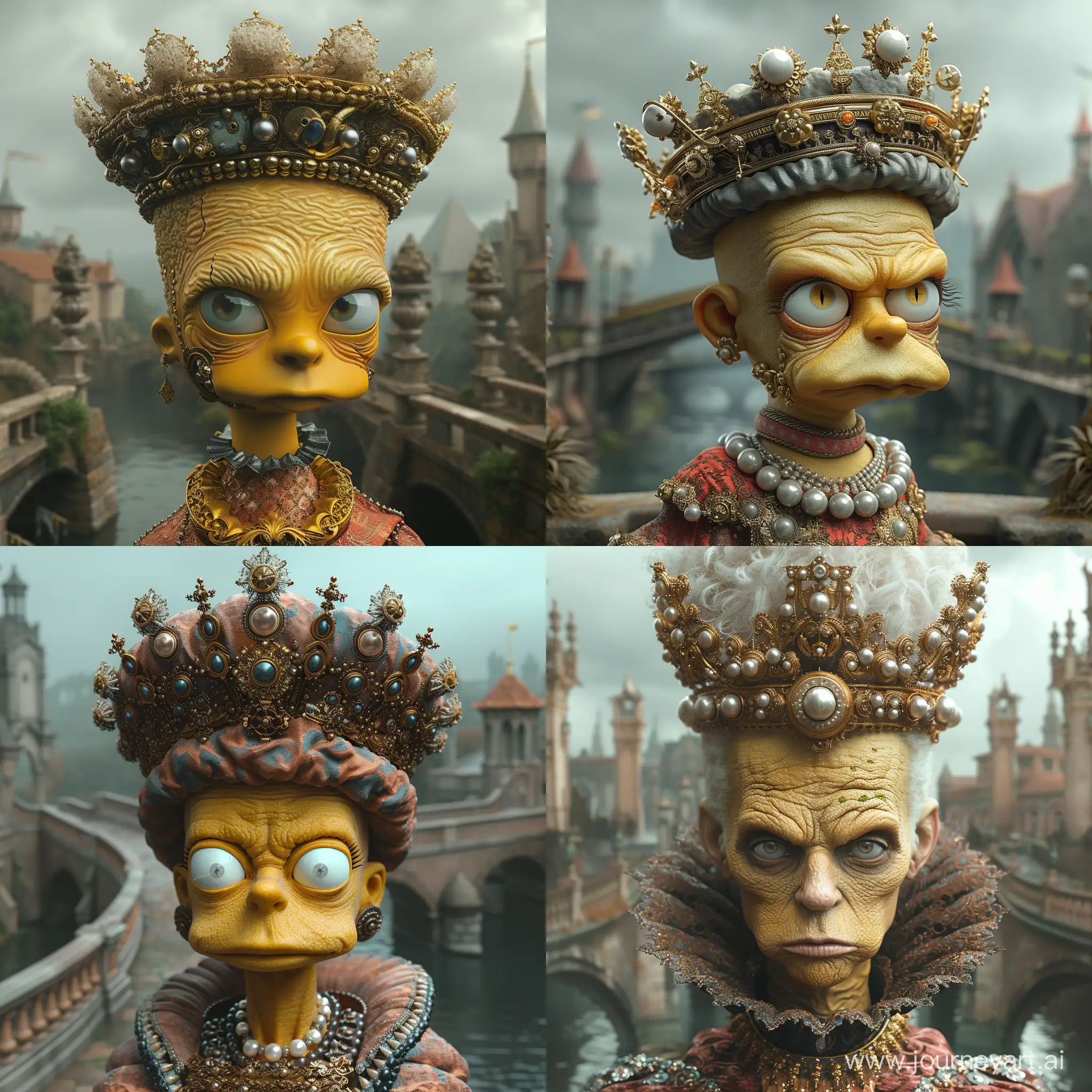  highly stylized, digitally-created Bart Simpson with fantastical elements. The character appears to have the following characteristics:
Yellowish, wrinkled skin that gives it an aged appearance.
Narrowed, heavy-lidded eyes with prominent dark circles, which provide a stern or perhaps weary expression.
A large, ornate headpiece that seems to be a cross between a crown and a wig, featuring intricate gold details, pearls or gemstones, and decorative elements that resemble plant life or coral.
The headpiece appears to be adorned with mechanical elements and gears, combining the organic and ornate with the industrial, hinting at a steampunk-inspired aesthetic.
The attire and overall style suggest a regal or noble status, possibly a queen or empress, with intricate gold neckpieces and upper garments that are medieval or fantasy-inspired.
The background showcases a gloomy, atmospheric landscape with gothic architecture, stone bridges, and a castle or manor in the distance, consistent with fantasy or historical settings. The environment and the character together create a sense of a fantasy realm with a somber or mystical ambiance. This is likely a piece of digital artwork rather than a depiction of a real individual. --stylize 750 --v 6