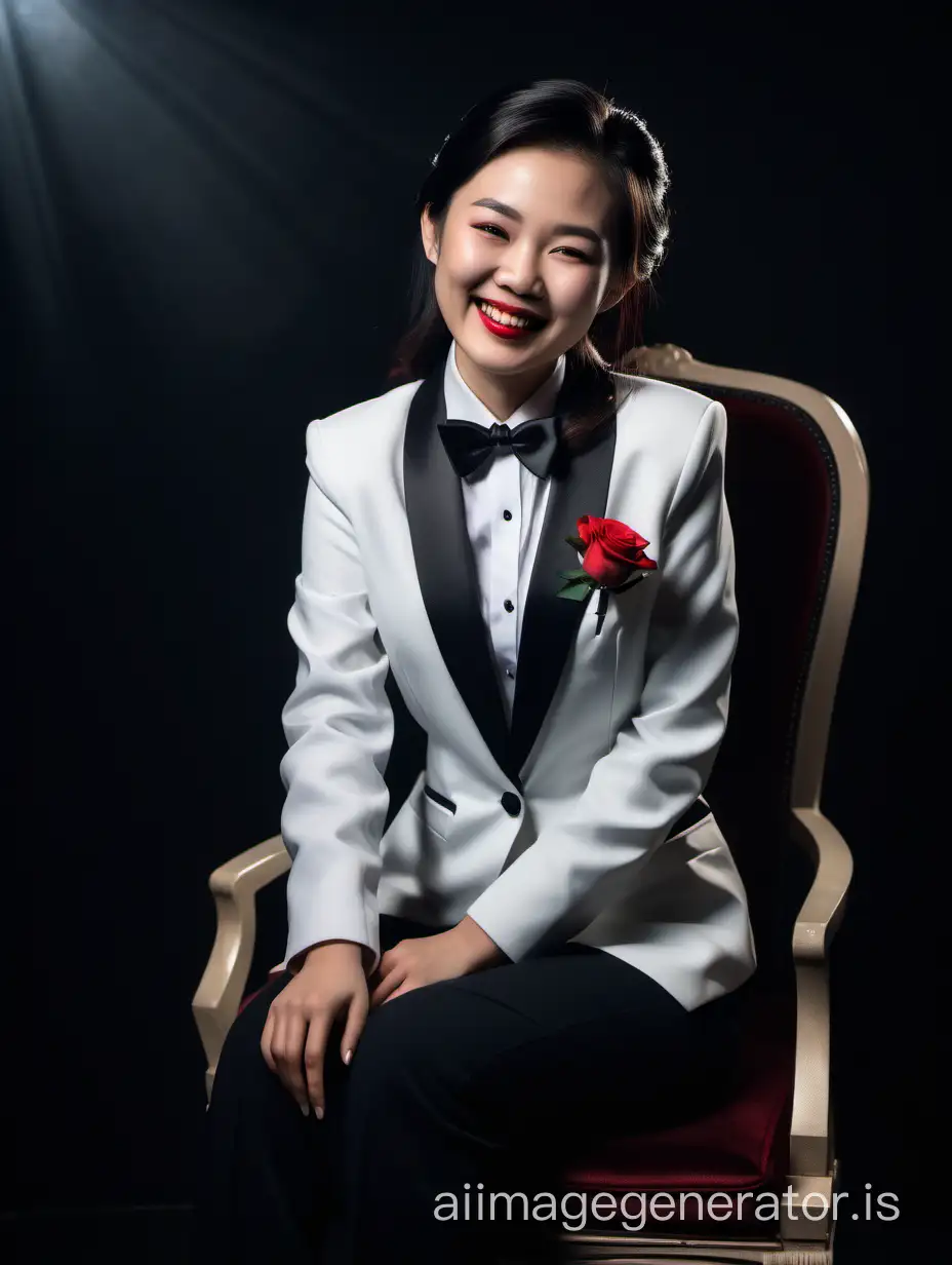A smiling and laughing Chinese woman sitting in a chair in a dark room.  She is wearing a tuxedo with an open jacket, a white shirt with a black bow tie and cufflinks, and black pants.  She has long hair and lipstick.  She has a red rose corsage.