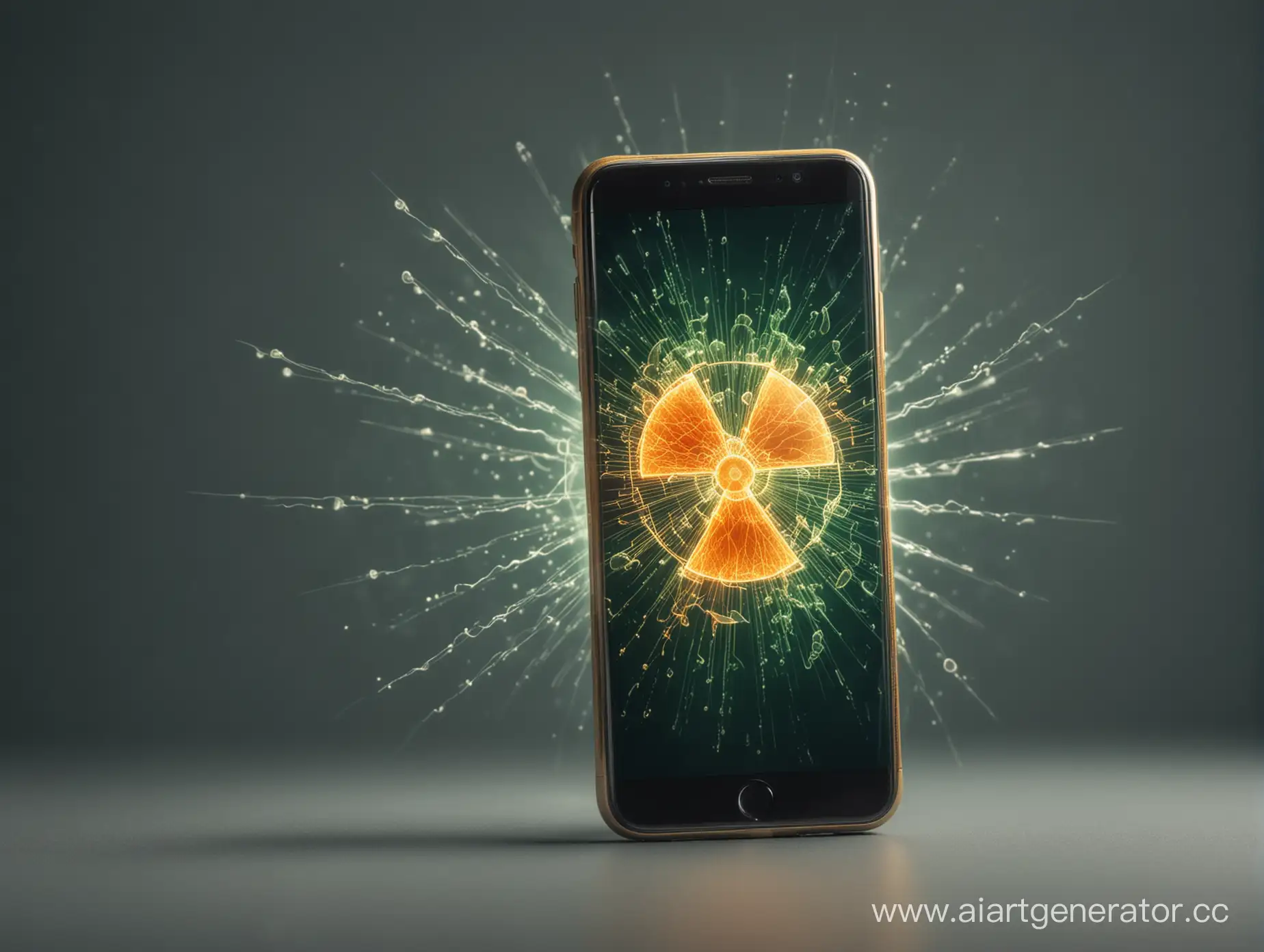 Телефон излучаемый радиацию на однотонном фоне 