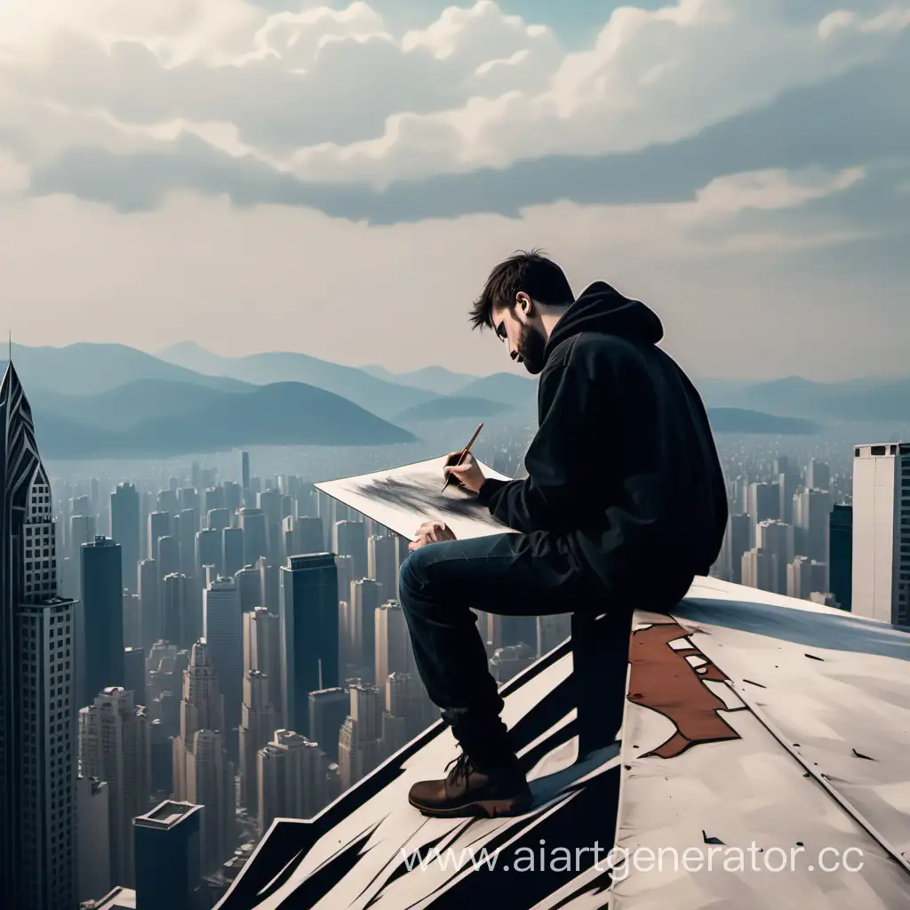 Lonely-Artist-Sketching-Mountains-from-Skyscraper-Rooftop