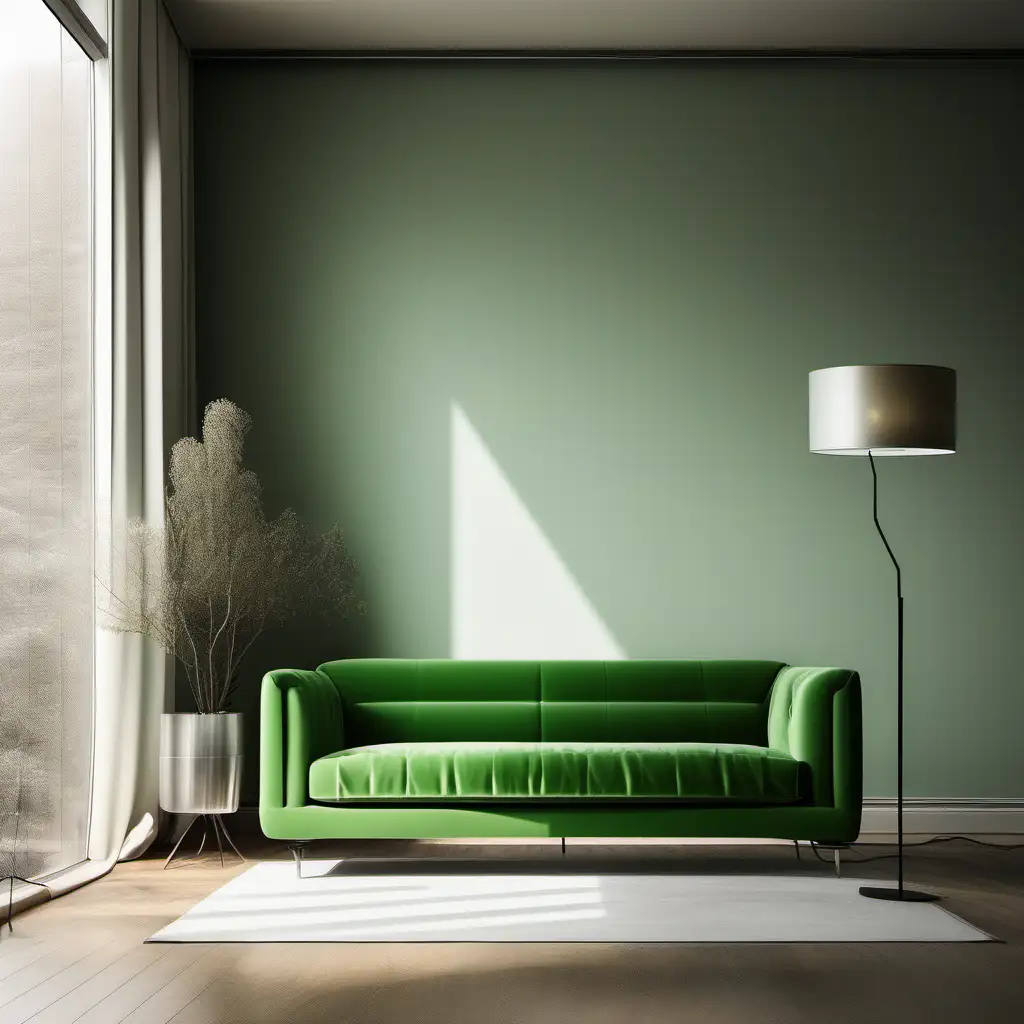 Commercial Photography, modern minimalist living room interior with  green sofa and lamp floor, soft light