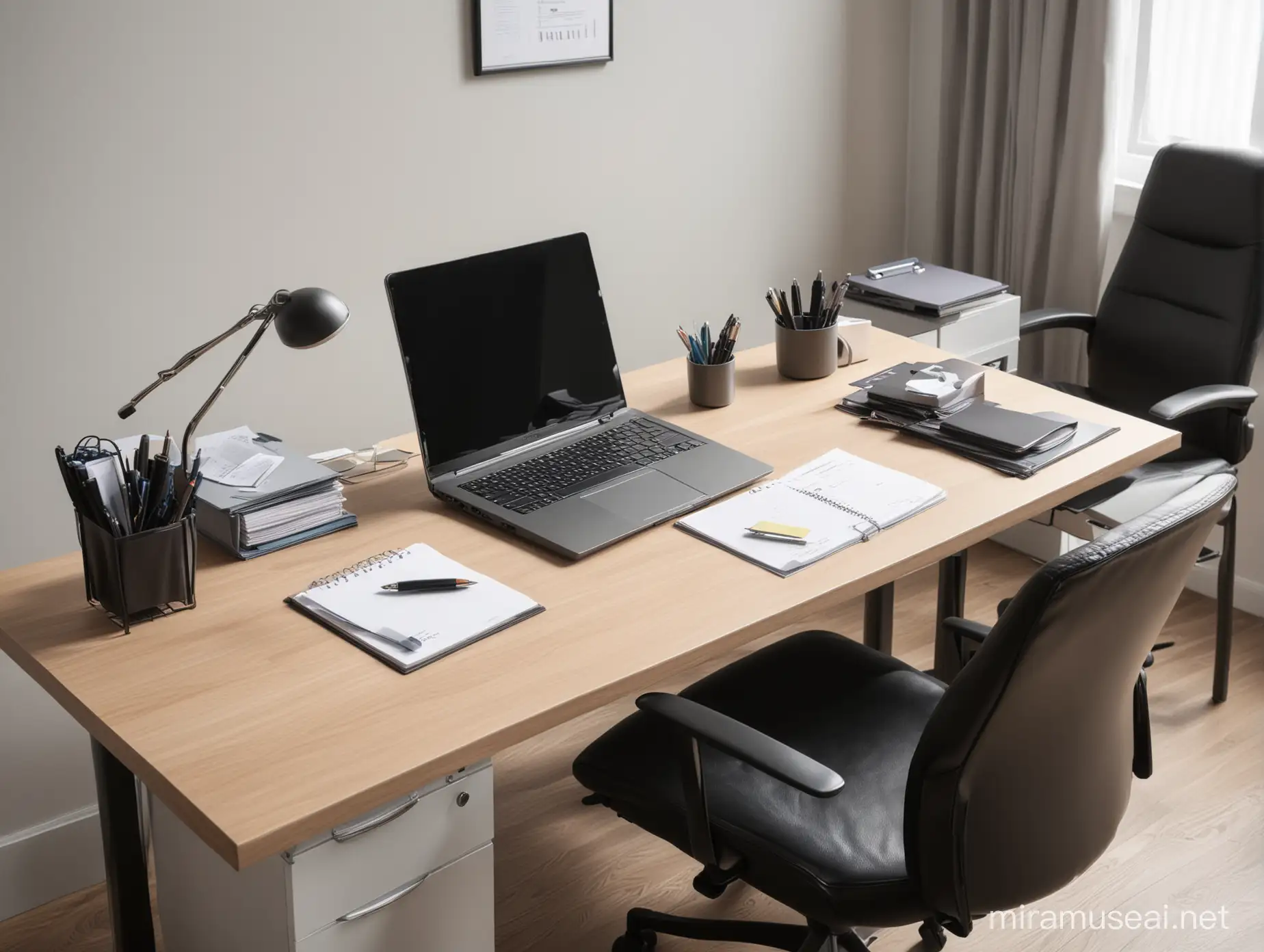 Professional Office Desk with Laptop Pen and Folders