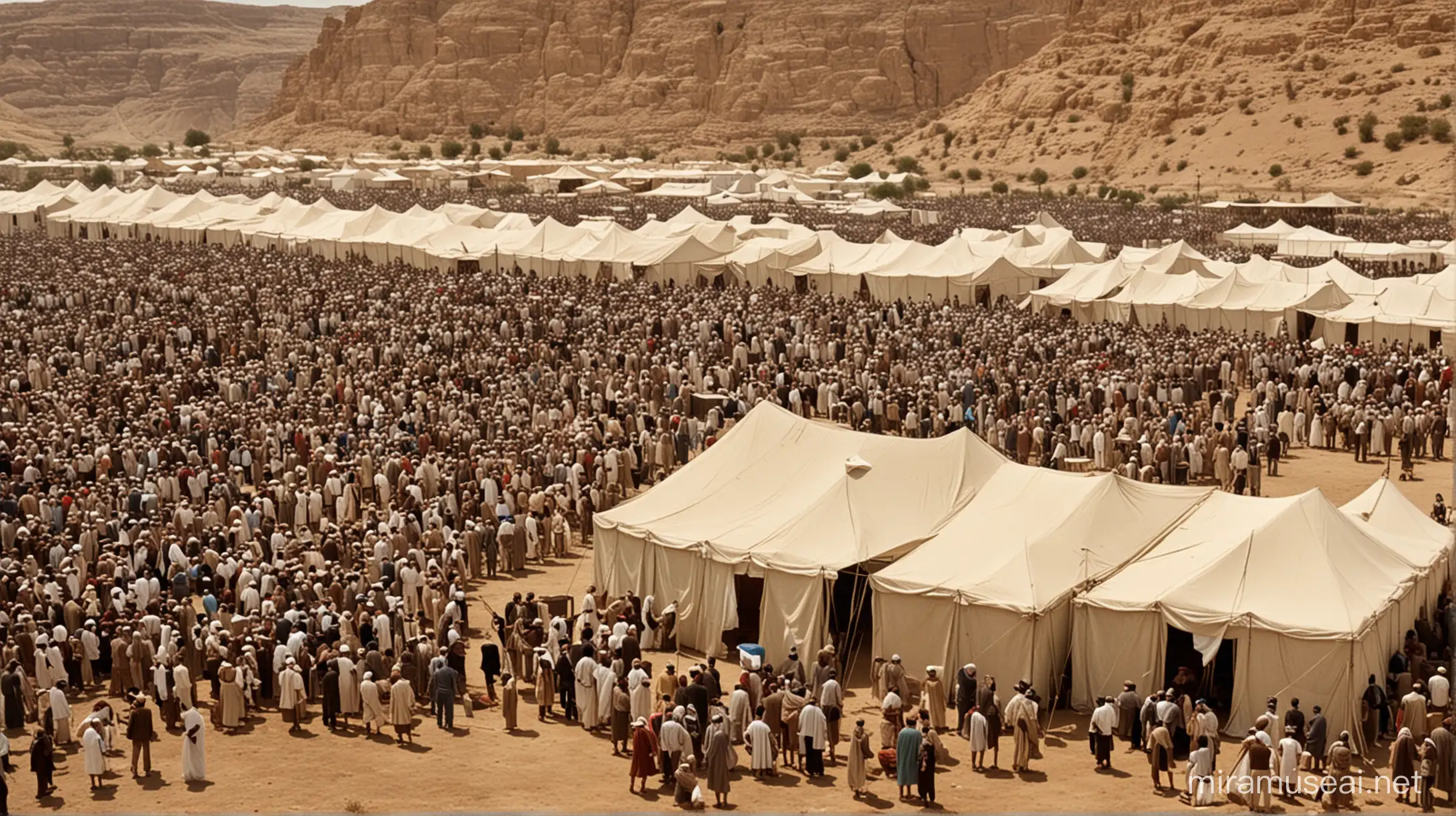 Large crowd, Jewish tabernacle and tents in moses era