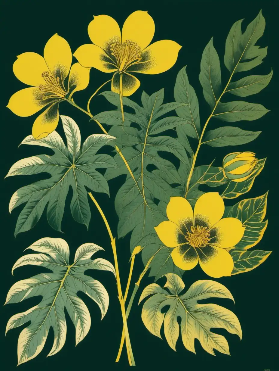 Vibrant Dark Green Leaves and Bright Yellow Flowers Botanical Print