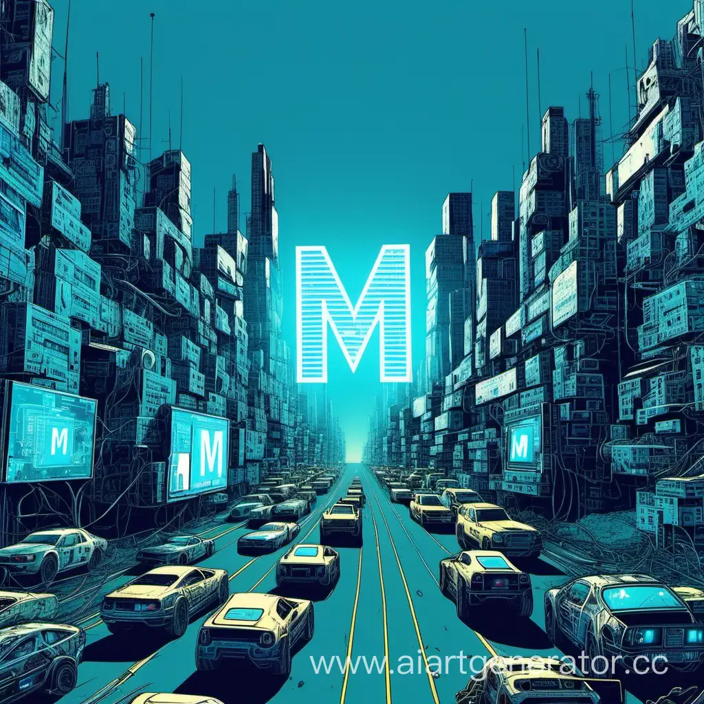 in the middle of the M on a blue background is a cyberpunk video