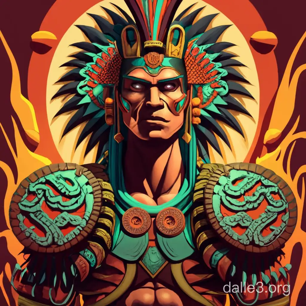 Generate an imposing and detailed representation of Quetzalcoatl, the Mayan god, depicted as a formidable warrior with a strong, firm stance, gazing down at the camera. Draw inspiration from the detailed and powerful graphics of Mortal Kombat 9 videogame. Hyper realism 