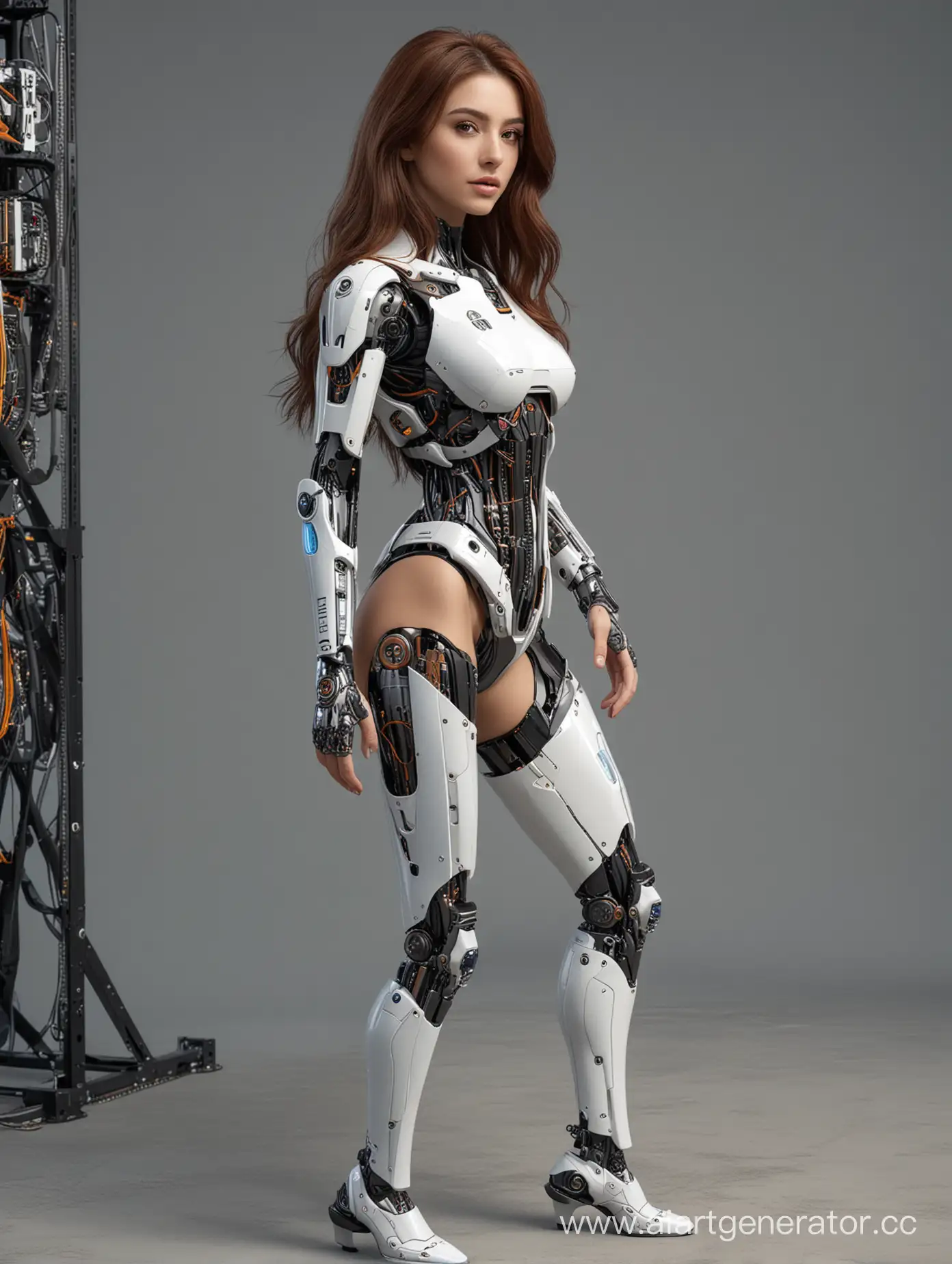 Android, Turkish woman, withroboticknees and calves, long brown hair, Intricate details, 8k, full body, three-quarter view, side boob