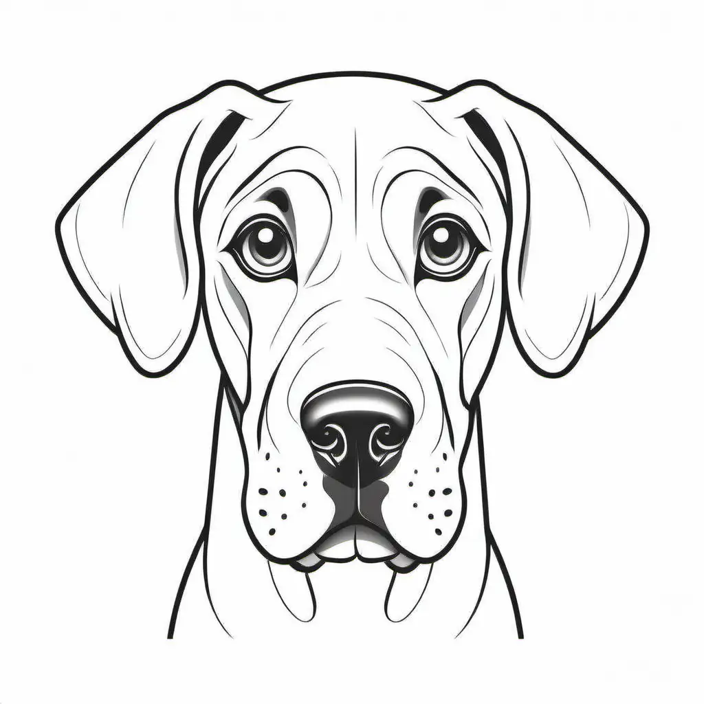 Coloring page for kids 4-7 years, dog image Great Dane, cute eyes, white background, clean line art, fine line art, vector, HD