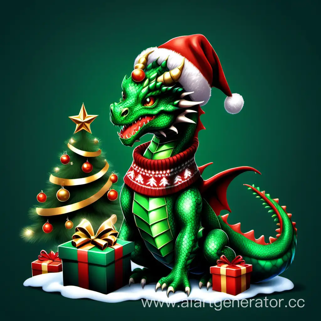 милый реалистичный изумрудного цвета драконв шапке и новогоднем свитере дарит елочку новогоднюю и подарки