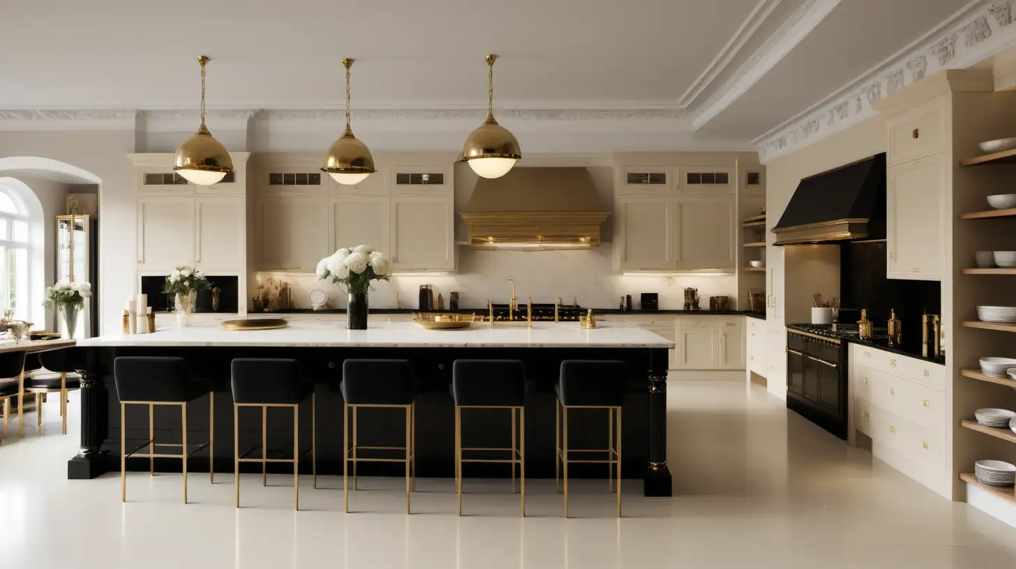 Elegant Open Plan Kitchen Design with Beige Oak Brass Ivory and Black Palette