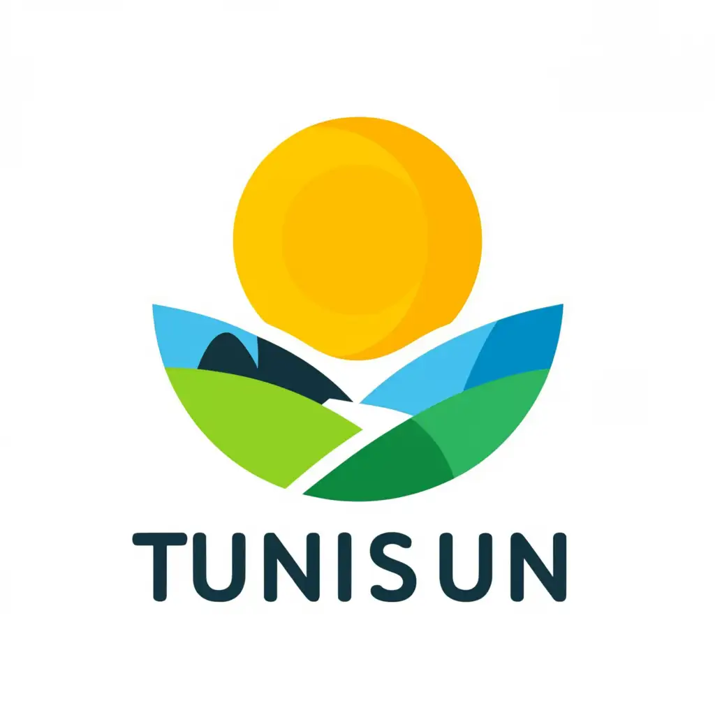 a logo design,with the text "TuniSun", main symbol:yellow bright sun, blue sky, green grass, colors of nature, ,complex,be used in Nonprofit industry,clear background