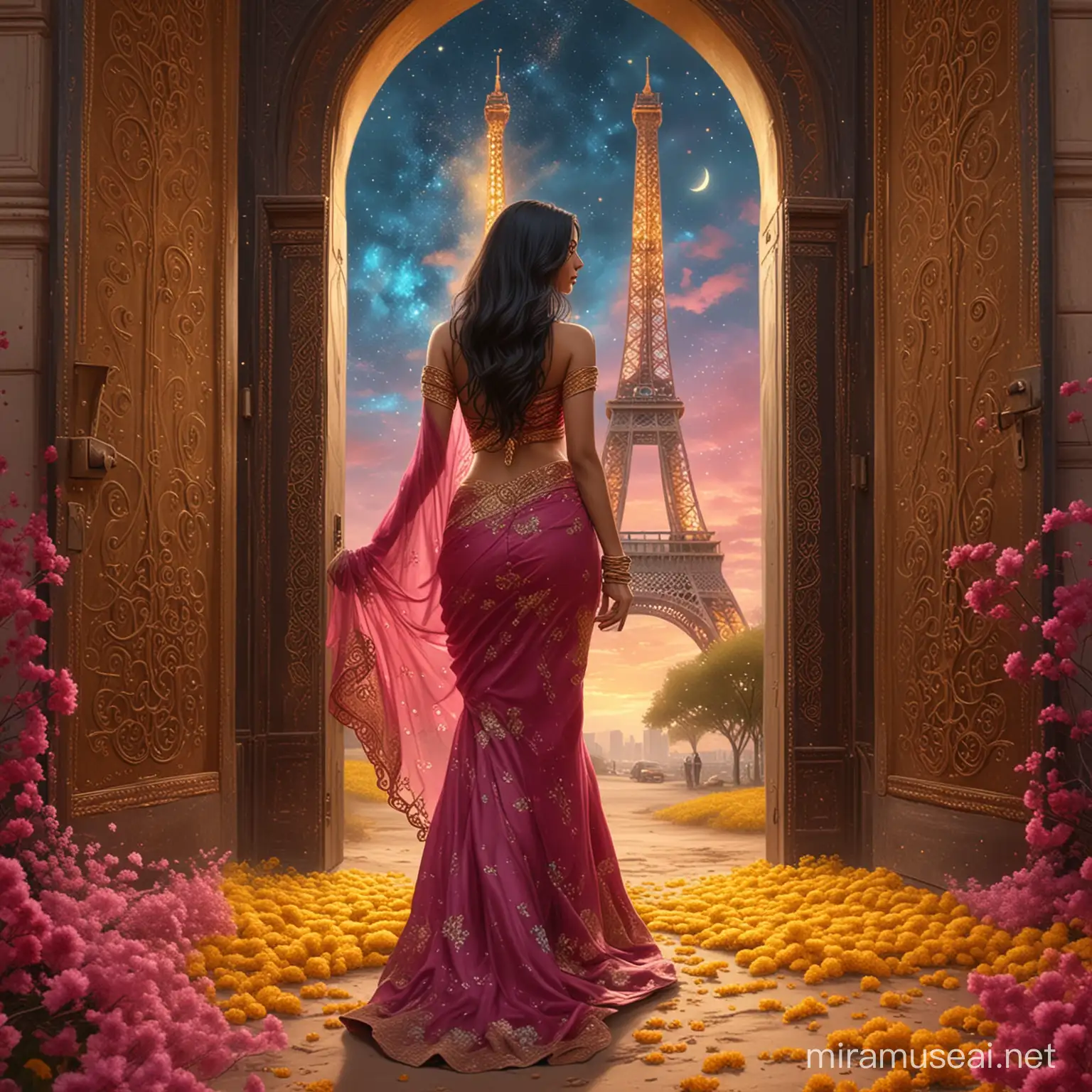 A beautiful woman, from behind, walking to an opened golden arabian door, surrounded by dark yellow flowers and dark pink dust. Long wavy black hair. Elegant long dark red and blue sari dress, haute couture, sari tissu. Background a dark pink sky with nebula. Background floral tower eiffel. Focus the huge golden arabian door. 8k, fantasy, illustration, digital art, illustration art, fantasy art, fantasy style